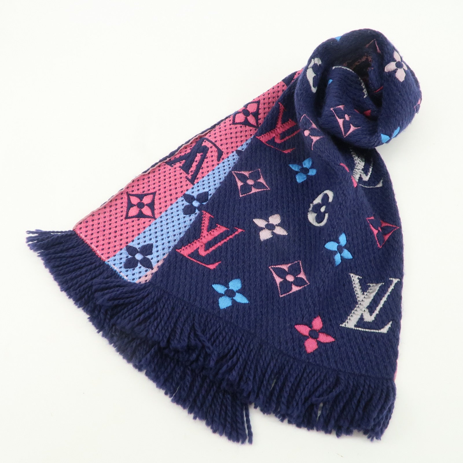 Louis Vuitton Escharpe Logo Mania Knit Scarf Navy Pink M70899 Used