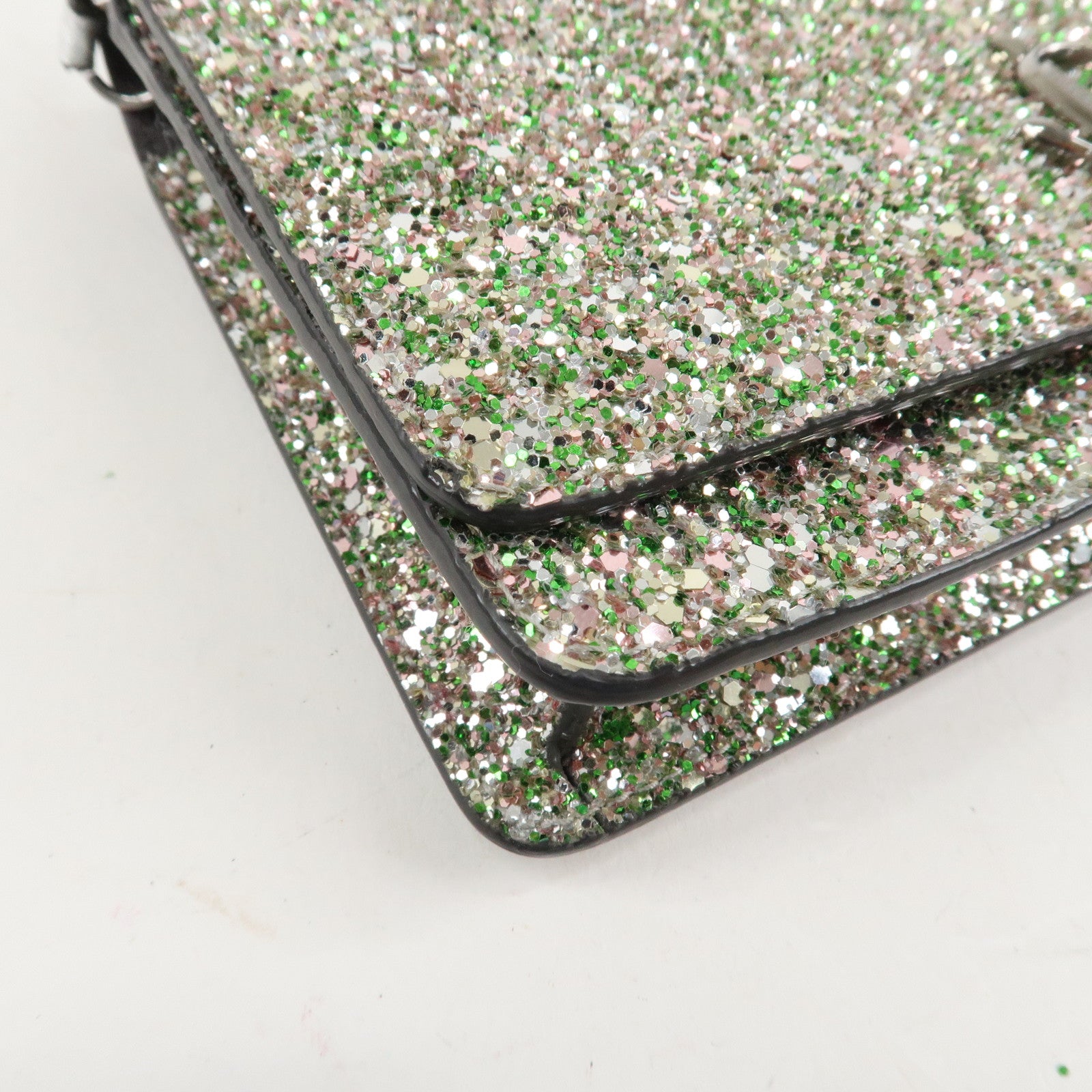 JIMMY CHOO Glitter Leather Shoulder Wallet Bag Green Silver