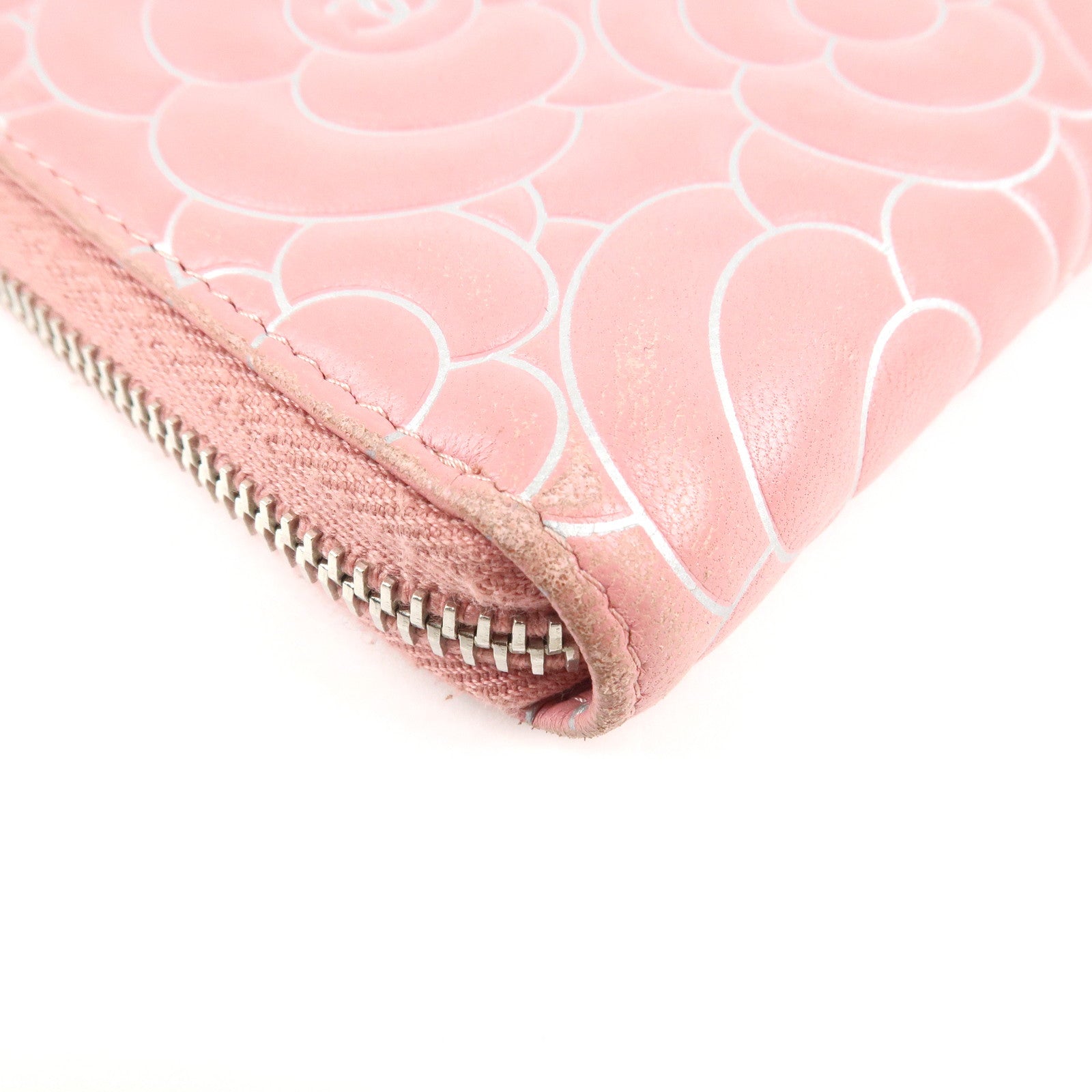 CHANEL Camellia Lamb Skin Long Zippy Wallet Pink A50085