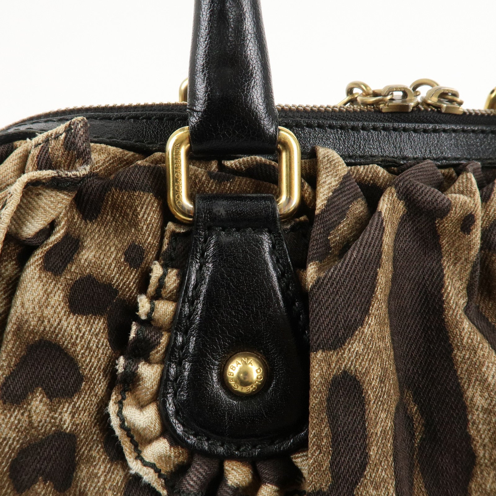 Dolce&Gabbana Canvas Leather Leopard Hand Bag Brown Black Used