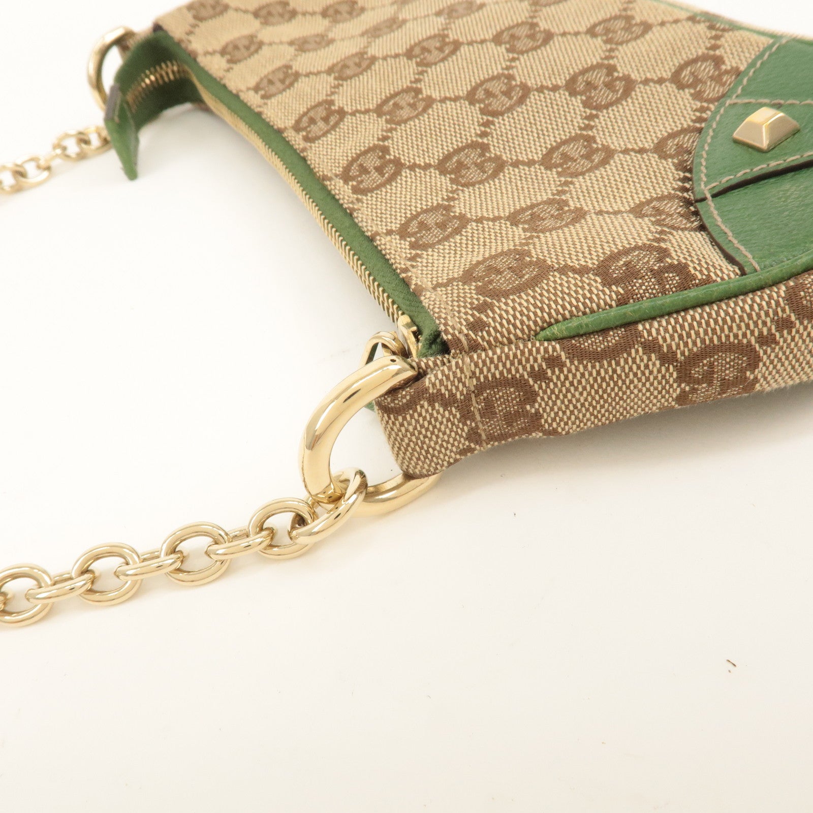 GUCCI GG Canvas Leather Chain Hand Bag Pouch Beige Green 120940