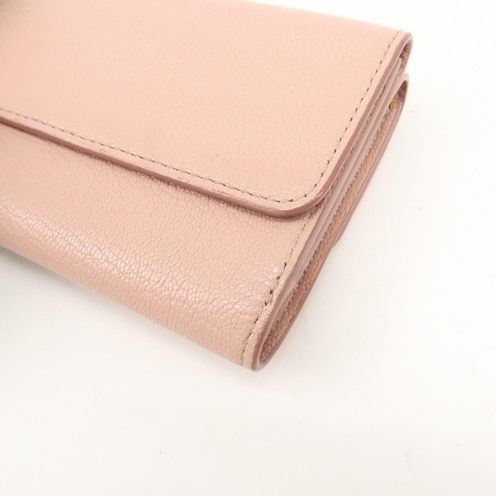 MIU MIU Leather Double Hook Bi-fold Wallet Pink Gold Hardware