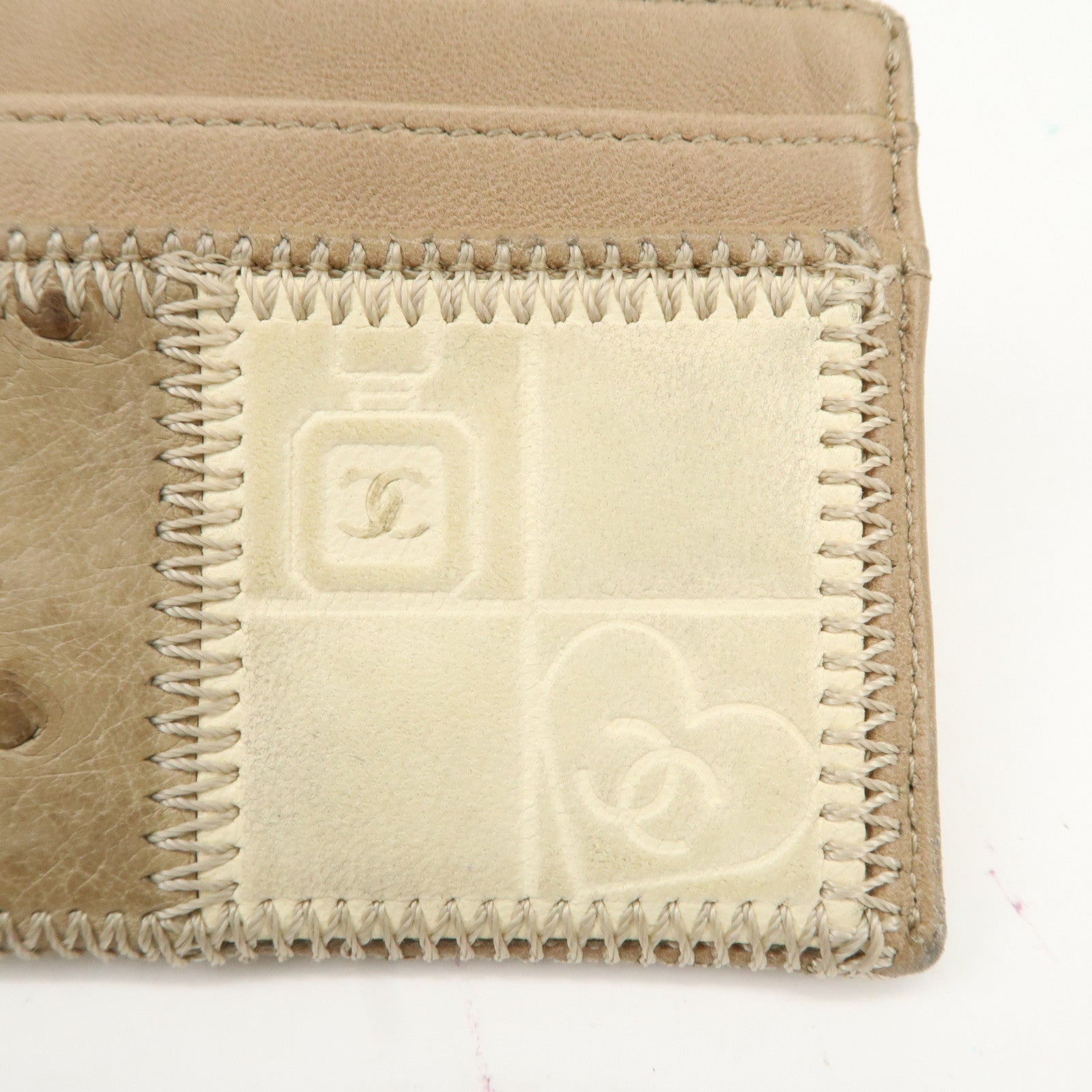 CHANEL Leather Icon Patch Work Card Case Beige