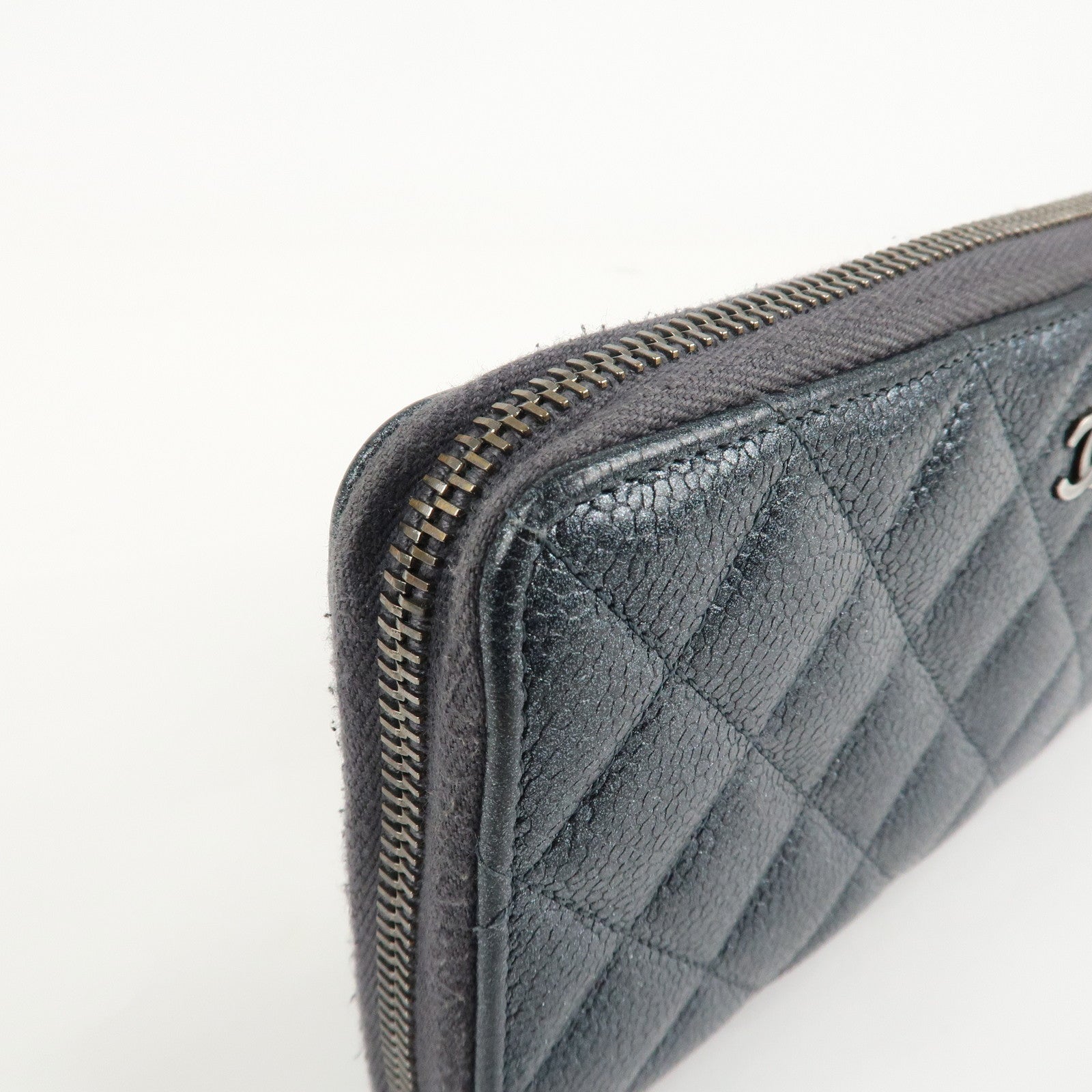 CHANEL Matelasse Caviar Skin Zip Around Long Wallet Metal Blue