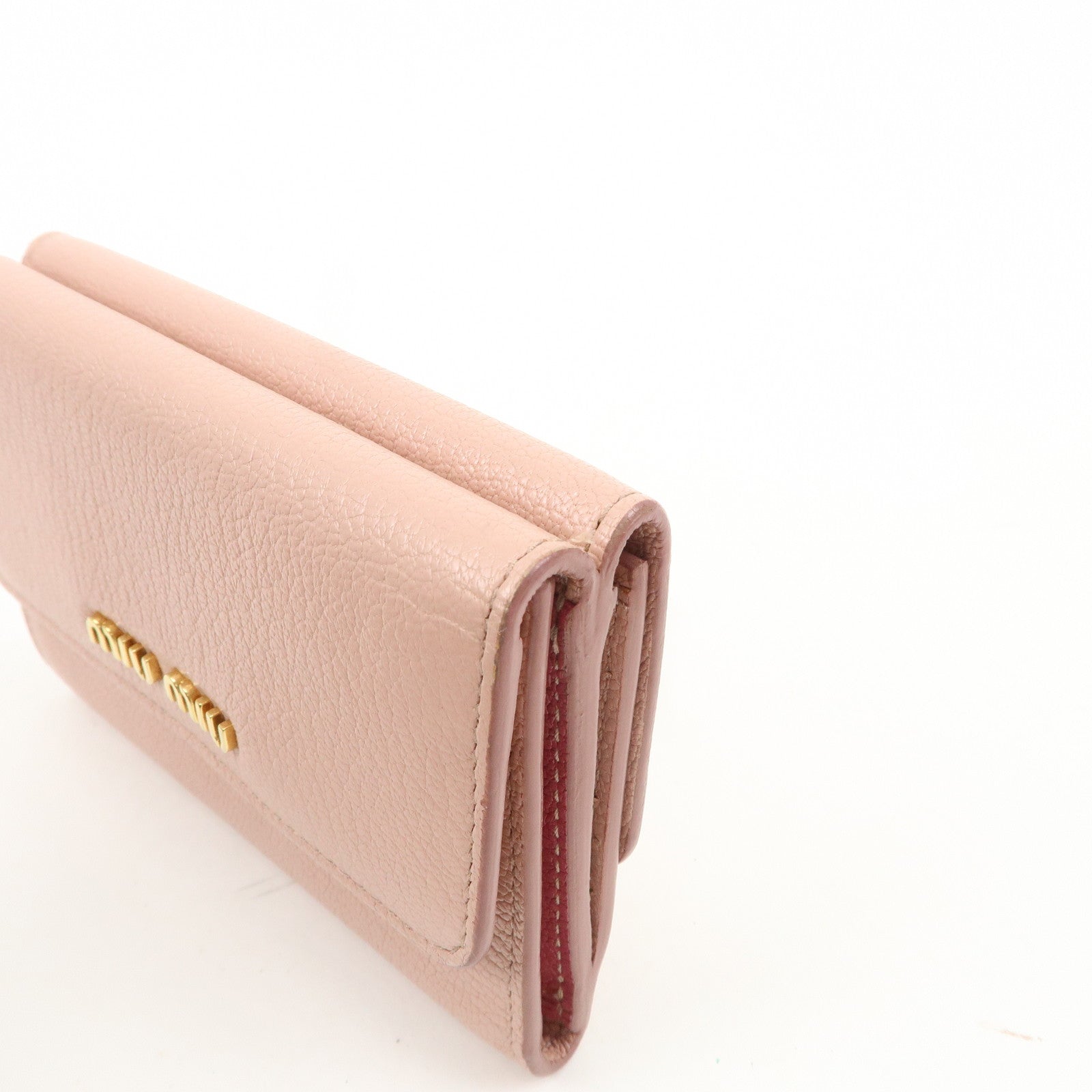 MIU MIU Leather Double Hook Bi-fold Wallet Pink Gold Hardware