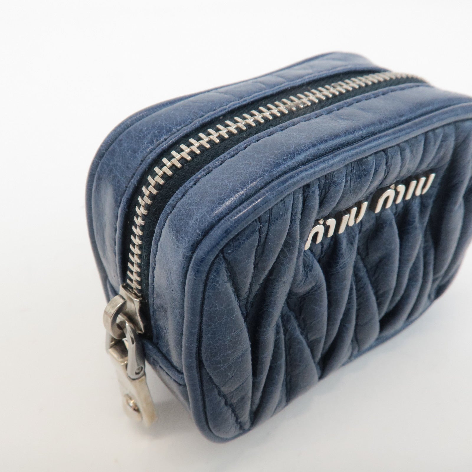 MIU MIU Matelasse Leather Pouch Blue Silver Hardware 5M1353