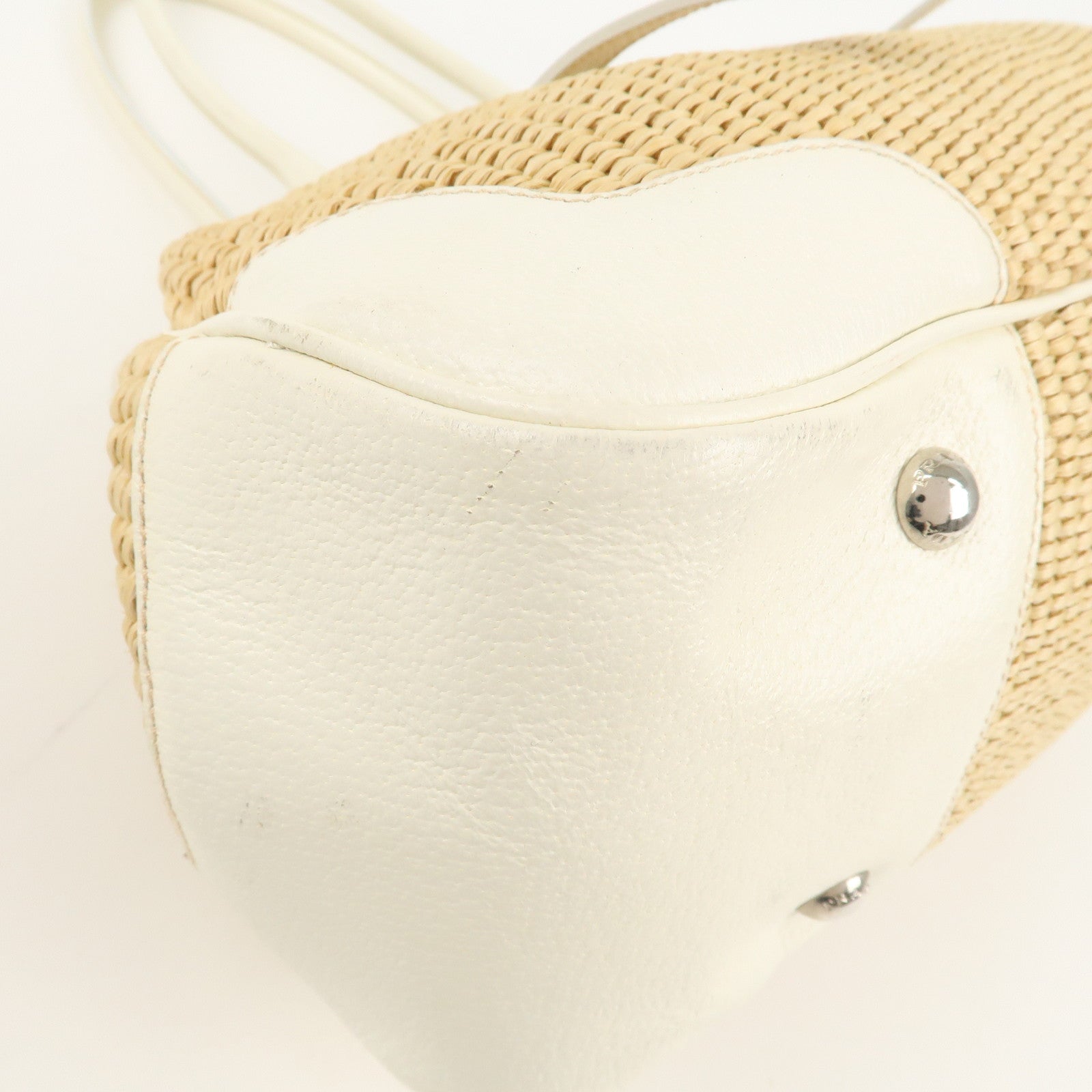 PRADA Logo Raffia Leather Hand Bag Shoulder Bag Ivory BR3508