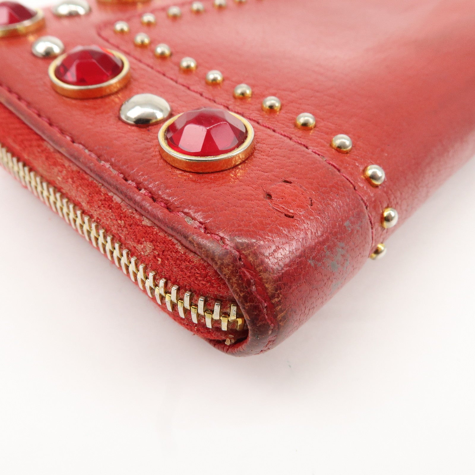 MIU MIU Leather Round Zipper Long Wallet Bijou Studs Red