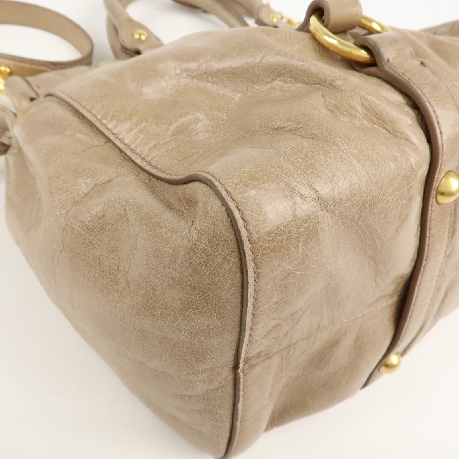 MIU MIU Leather 2Way Hand Bag Shoulder Bag Beige Gold HDW Used