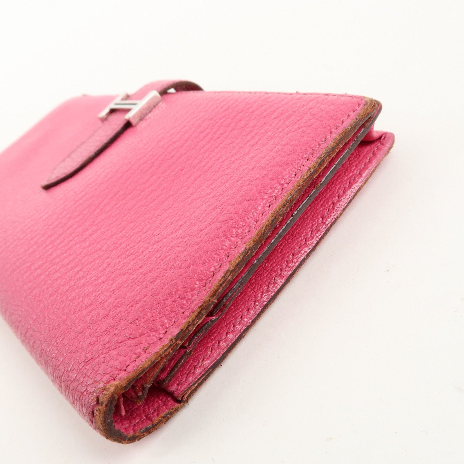 HERMES Leather Bearn Soufflet N engraved (around 2010) Wallet Pink