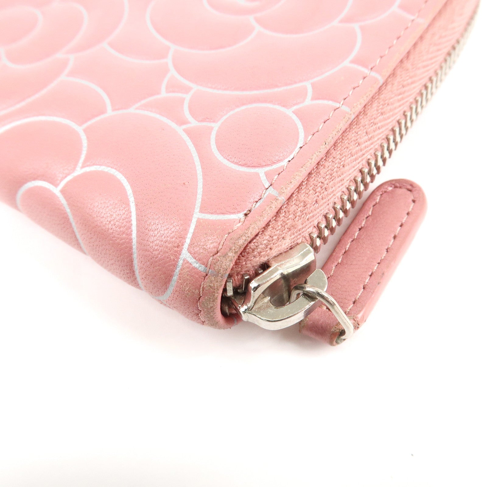 CHANEL Camellia Lamb Skin Long Zippy Wallet Pink A50085