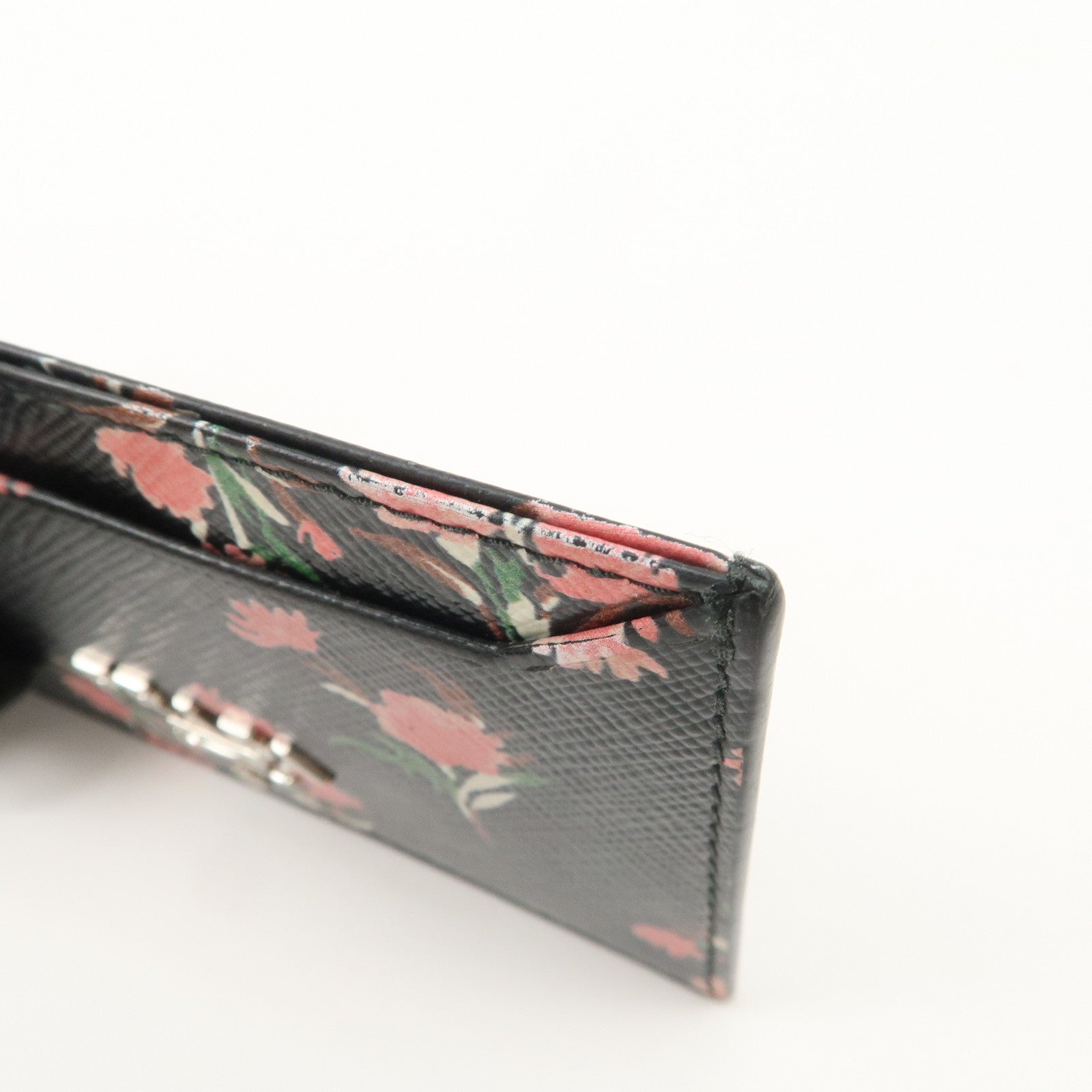 PRADA Saffiano Card Case Floral Pattern Black Pink 1MC208 Used