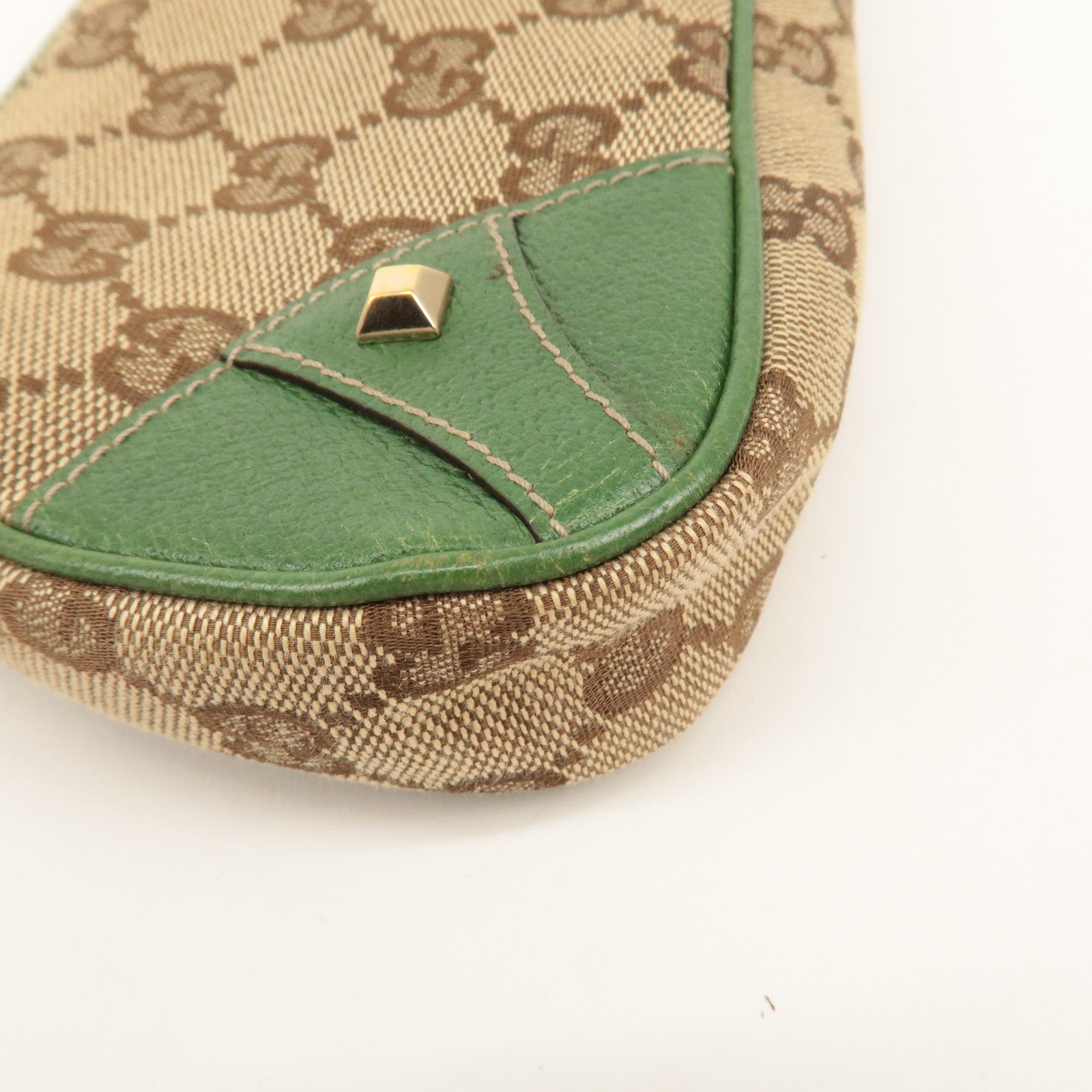 GUCCI GG Canvas Leather Chain Hand Bag Pouch Beige Green 120940