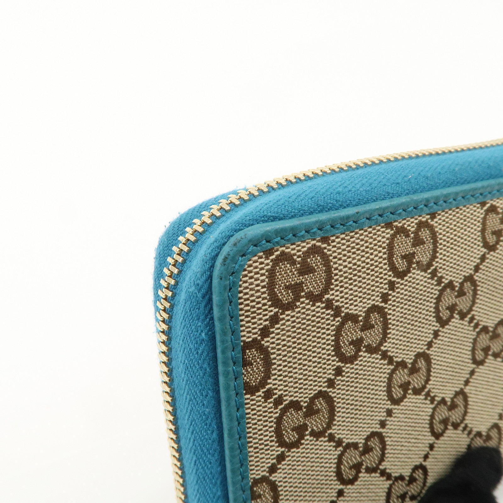 GUCCI Leather Round Zipper Bi-fold Wallet Beige Blue 420113 Used