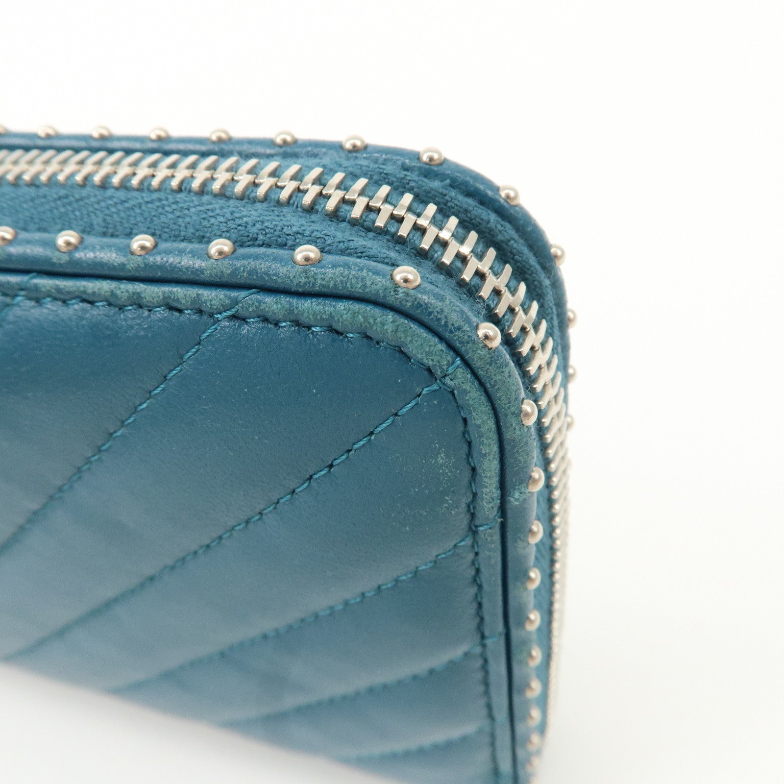 CHANEL V Stich Lamb Skin Coco Mark Studs Long Wallet Blue A50097 Used