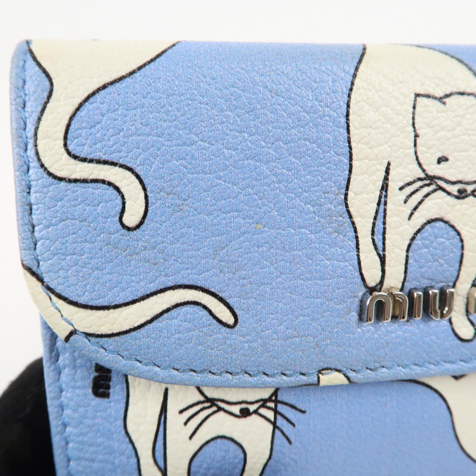 MIU MIU Logo Leather Bi Fold Wallet Cat Pattarn Blue White Used