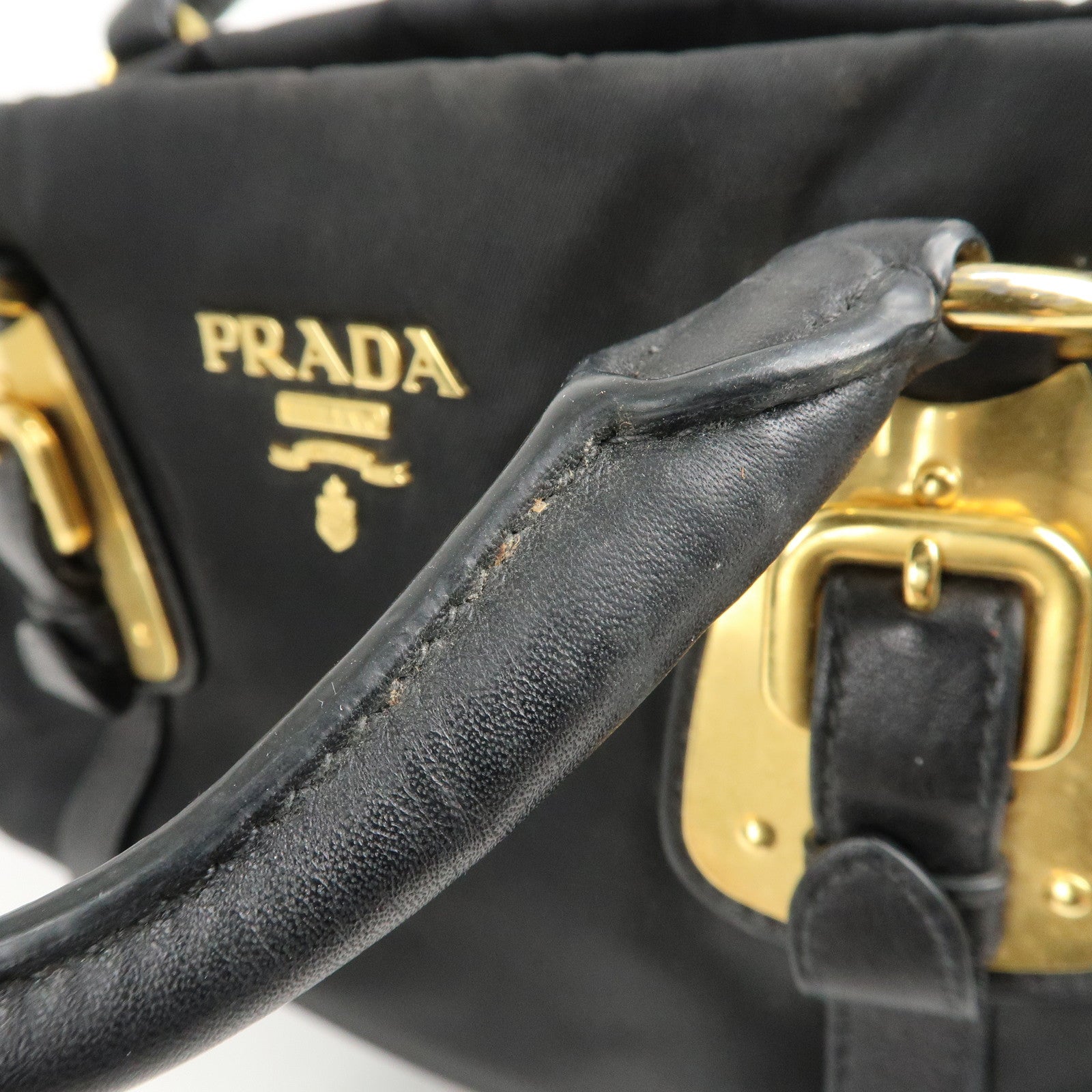 PRADA Logo Nylon Leather 2Way Shoulder Bag Black Gold HDW BN1903 Used