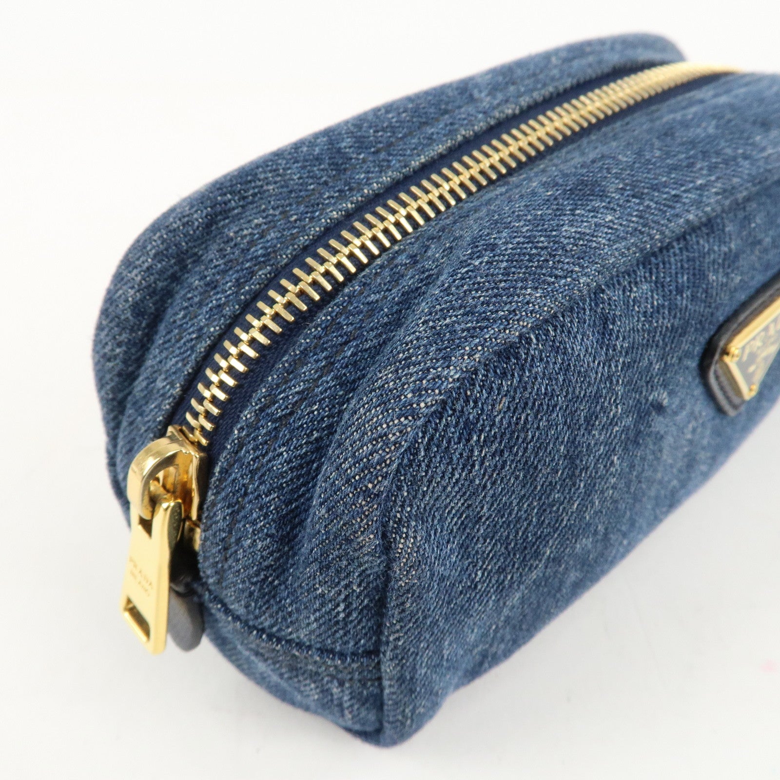 PRADA Triangle Logo Denim Pouch Cosmetic Pouch Blue