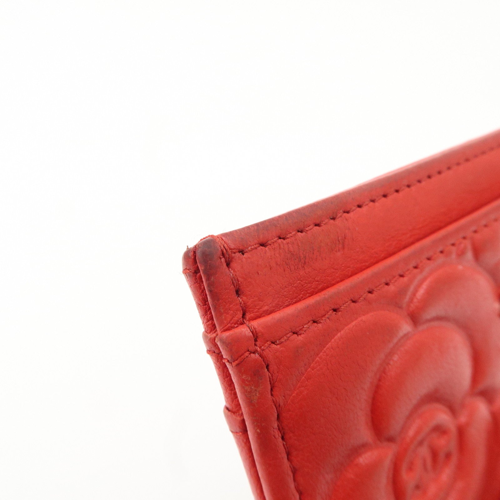 CHANEL Camellia Lambskin Embossed Card Case Red A3173855 Used