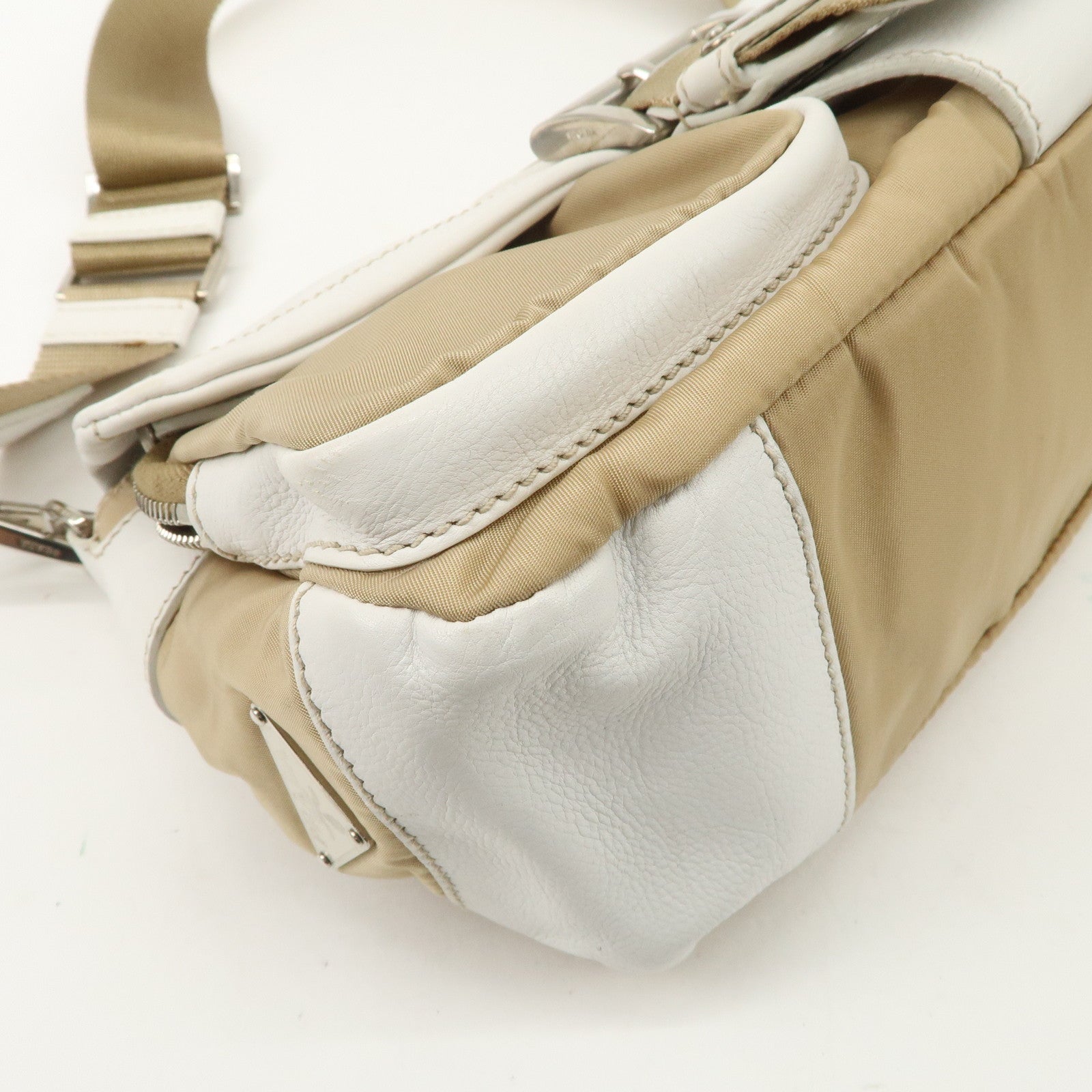 PRADA Nylon Leather Shoulder Bag Cross Body Bag White Beige BR2417 Used