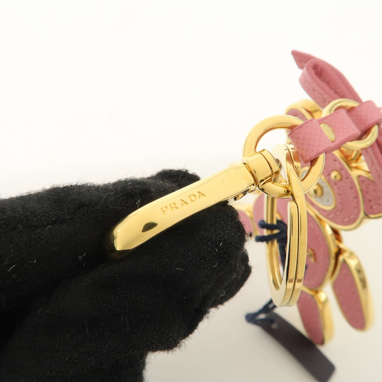 PRADA Saffiano Leather Metal Bear Bag Charm Key Chain Pink