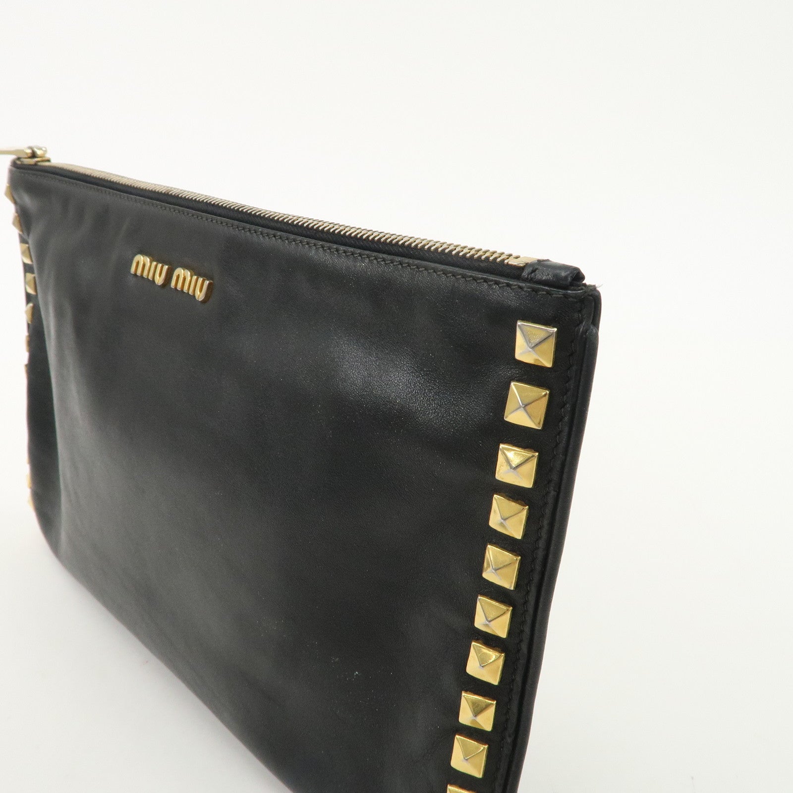 MIU MIU Leather Clutch Bag Hand Bag Black Gold Hardware Used