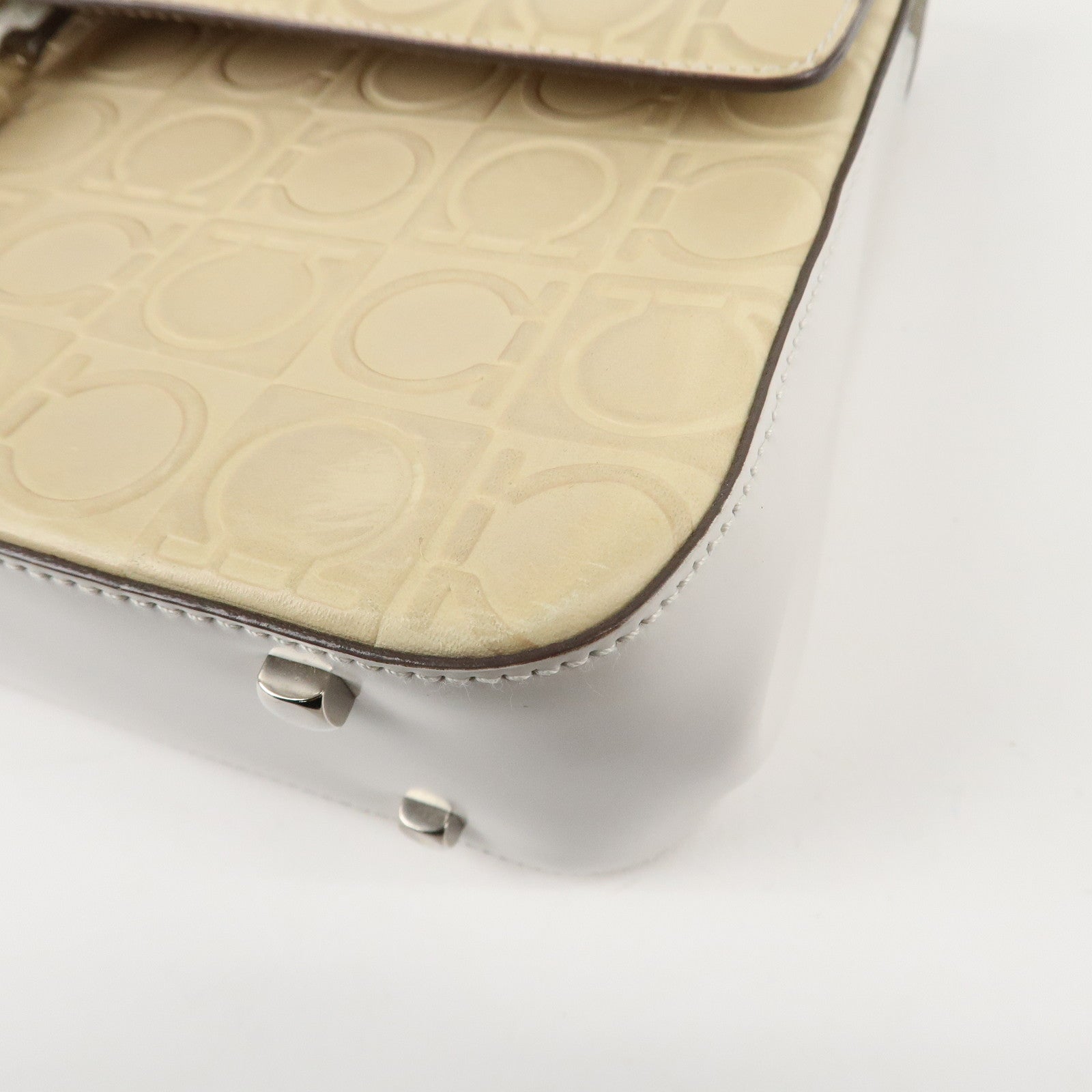 Ferragamo Gancini Pattern Leather Hand Bag Ivory