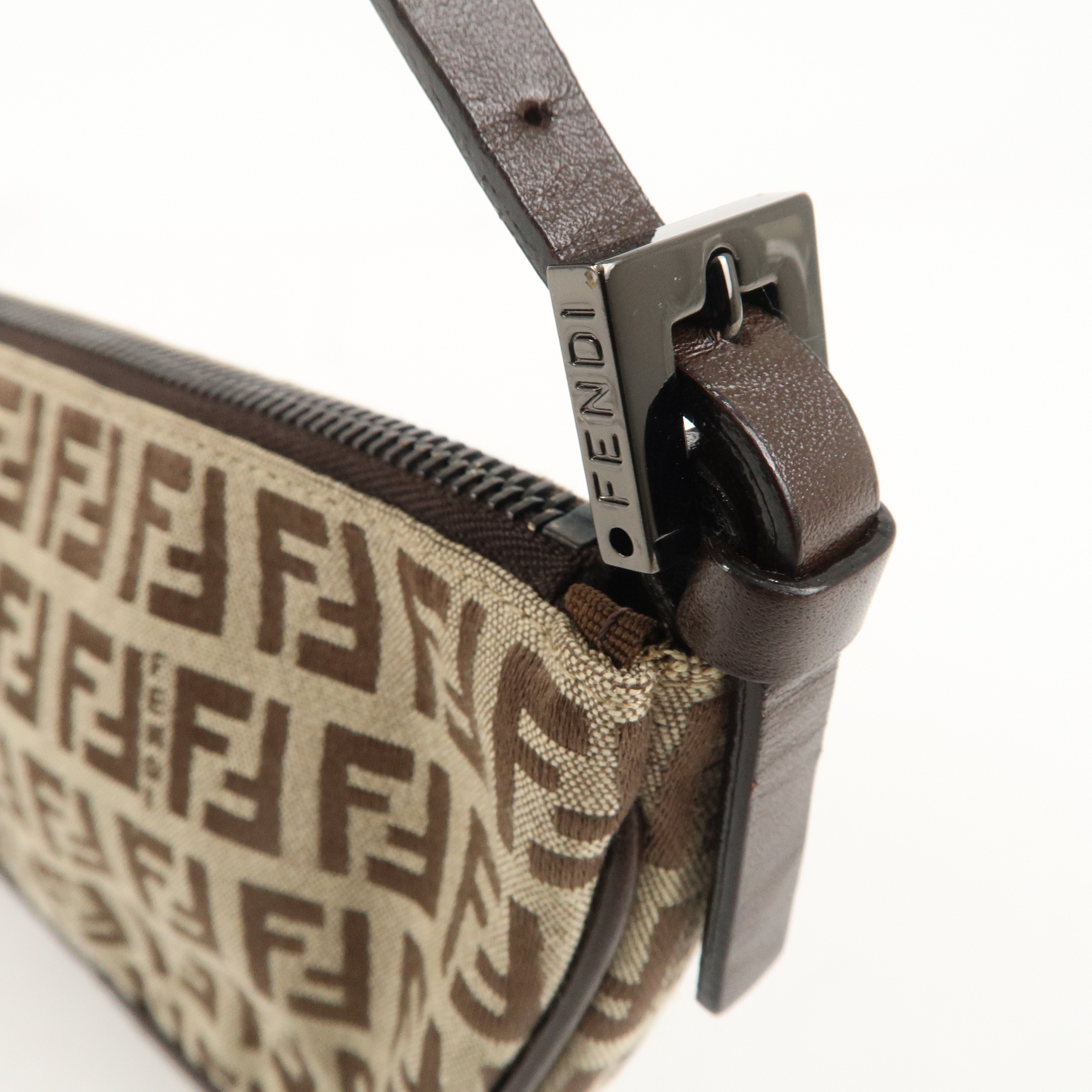 FENDI Zucchino Canvas Leather Shoulder Bag Brown Beige 8BR133