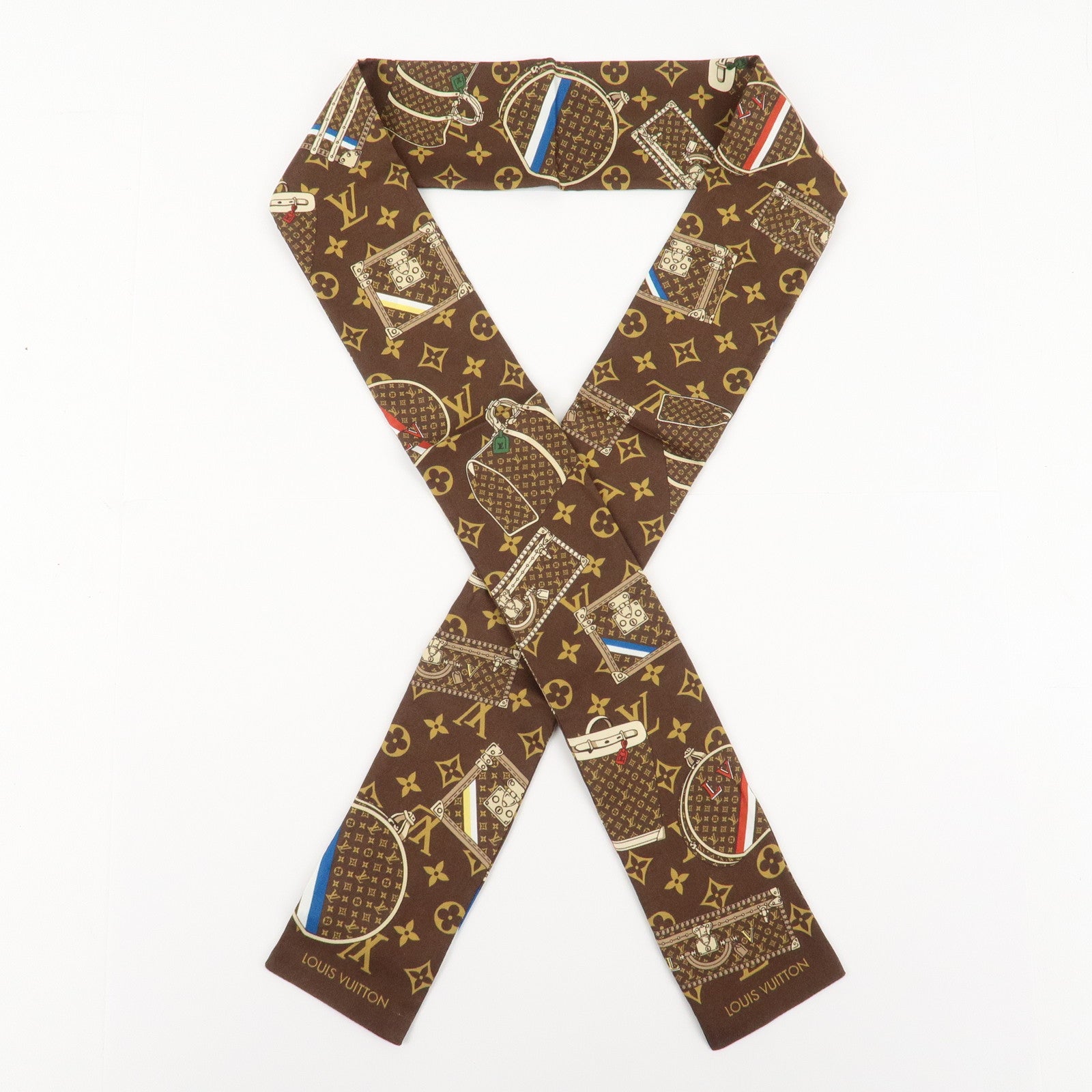 Louis Vuitton 100% Silk Bandeau Monogram Trunks Scarf Brown M72395