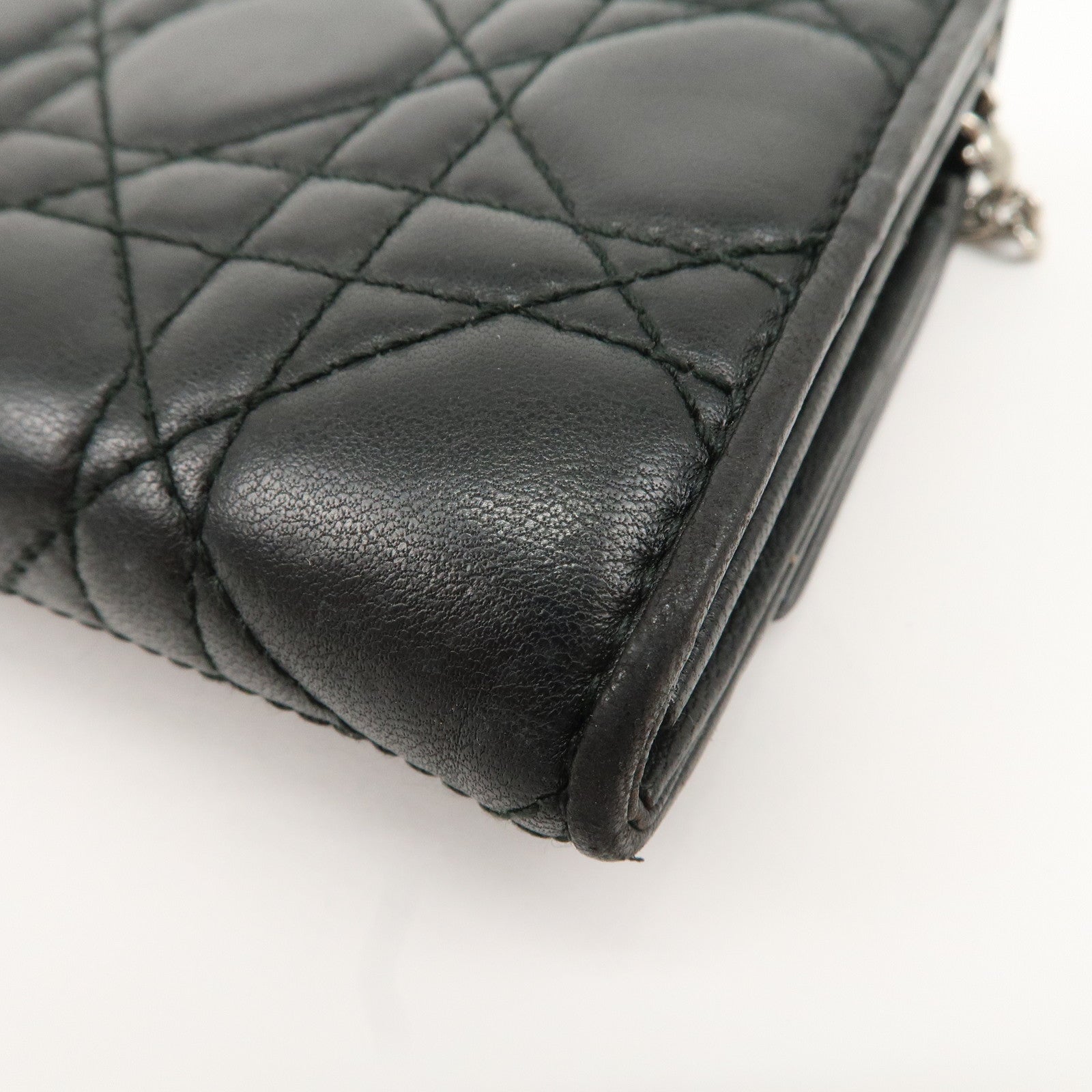 Christian Dior Cannage Leather Chain Long Wallet WOC Black Used