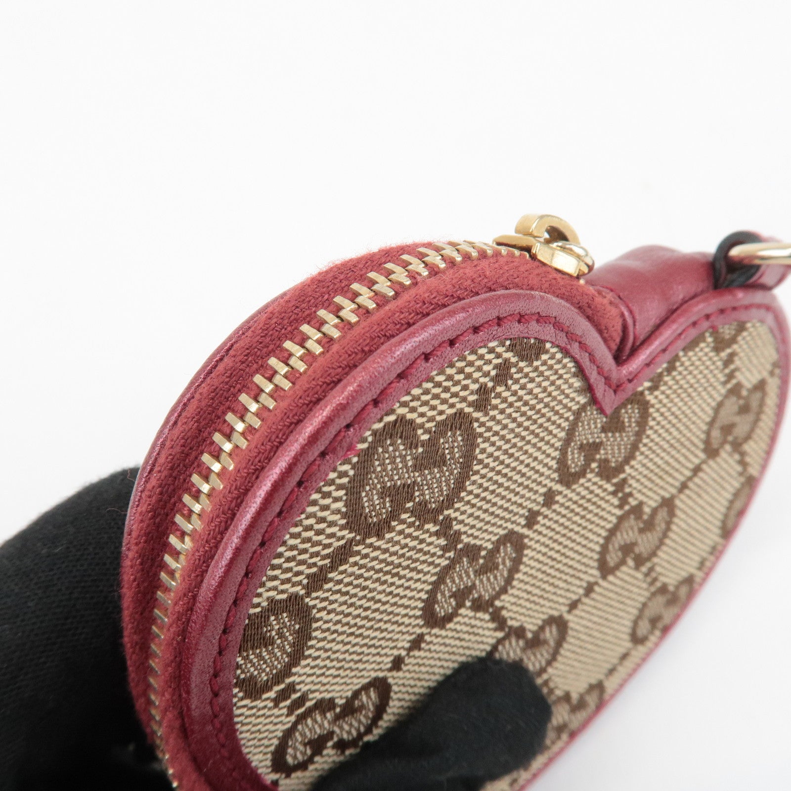 GUCCI GG Canvas Leather Heart Coin Purse Coin Case Red 152615 Used