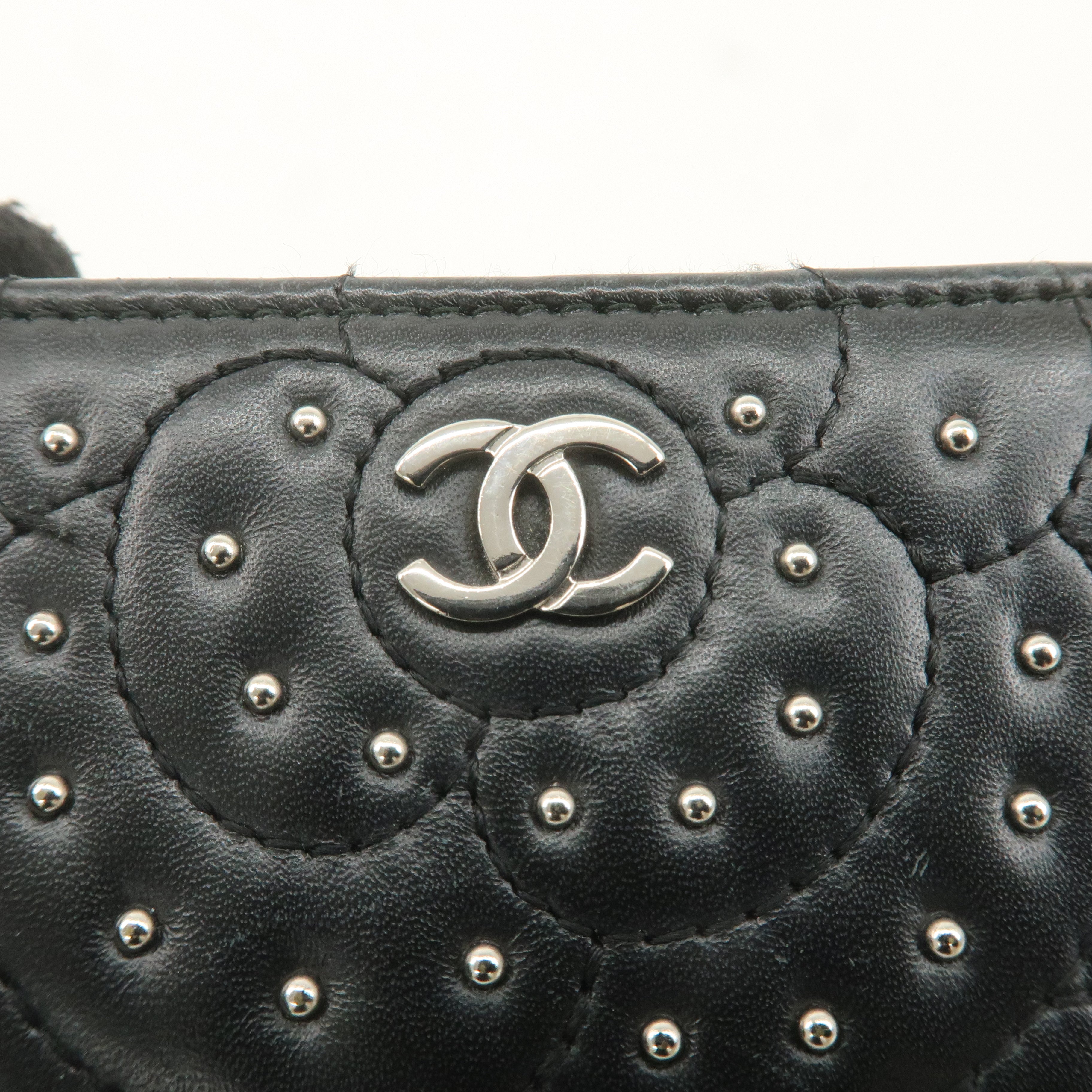 CHANEL Leather Camellia Coin Purse Coin Case Black