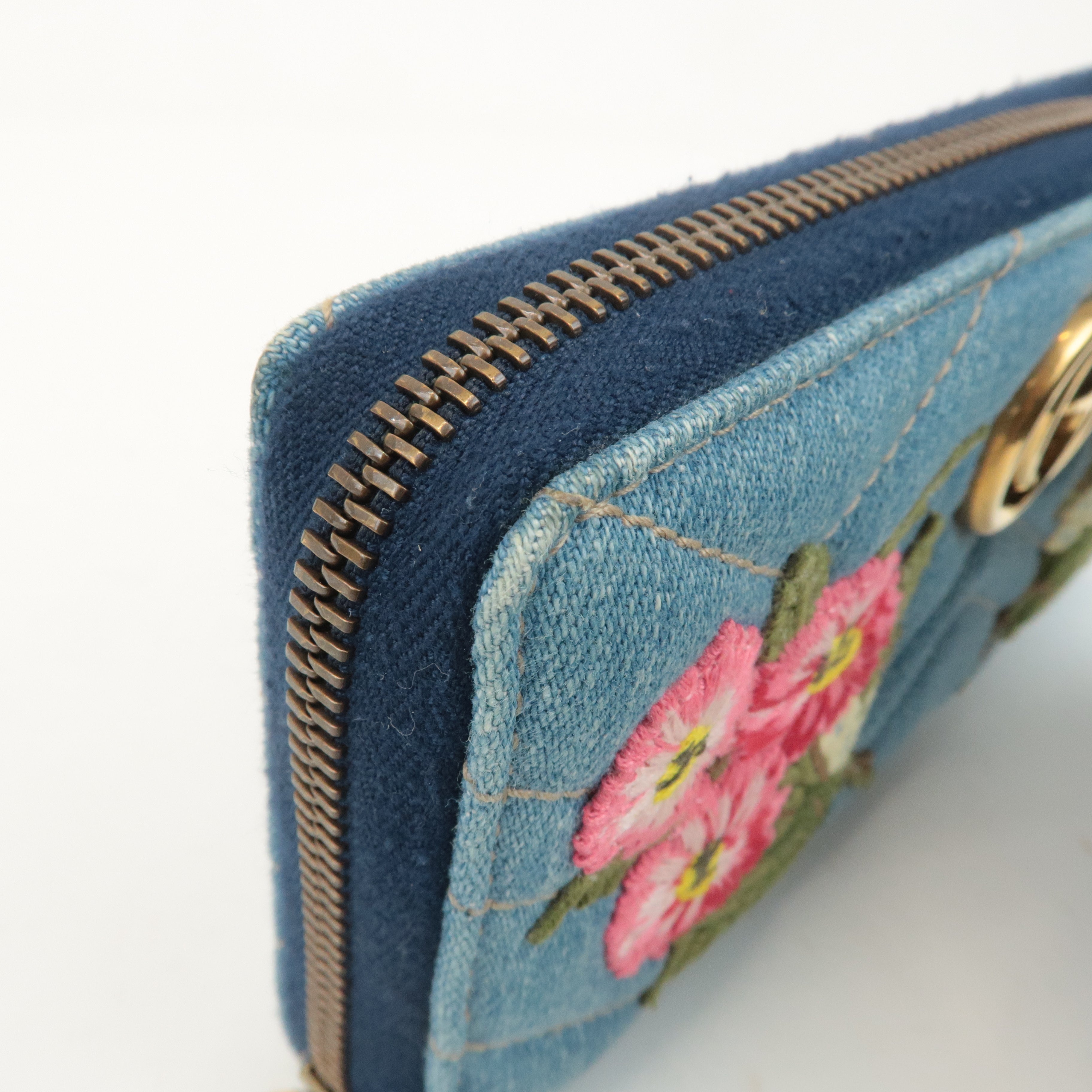 GUCCI GG Marmont Denim Zip Around Wallet Floral Pattern 443123 Used