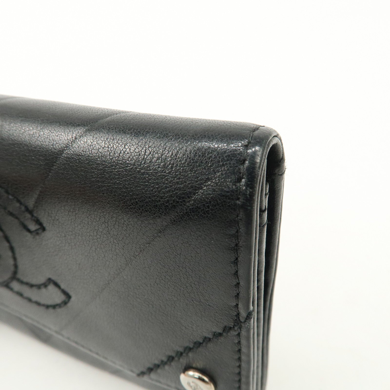 CHANEL V Stitch Lamb Skin COCO Mark Hook Bi-Fold Wallet Black