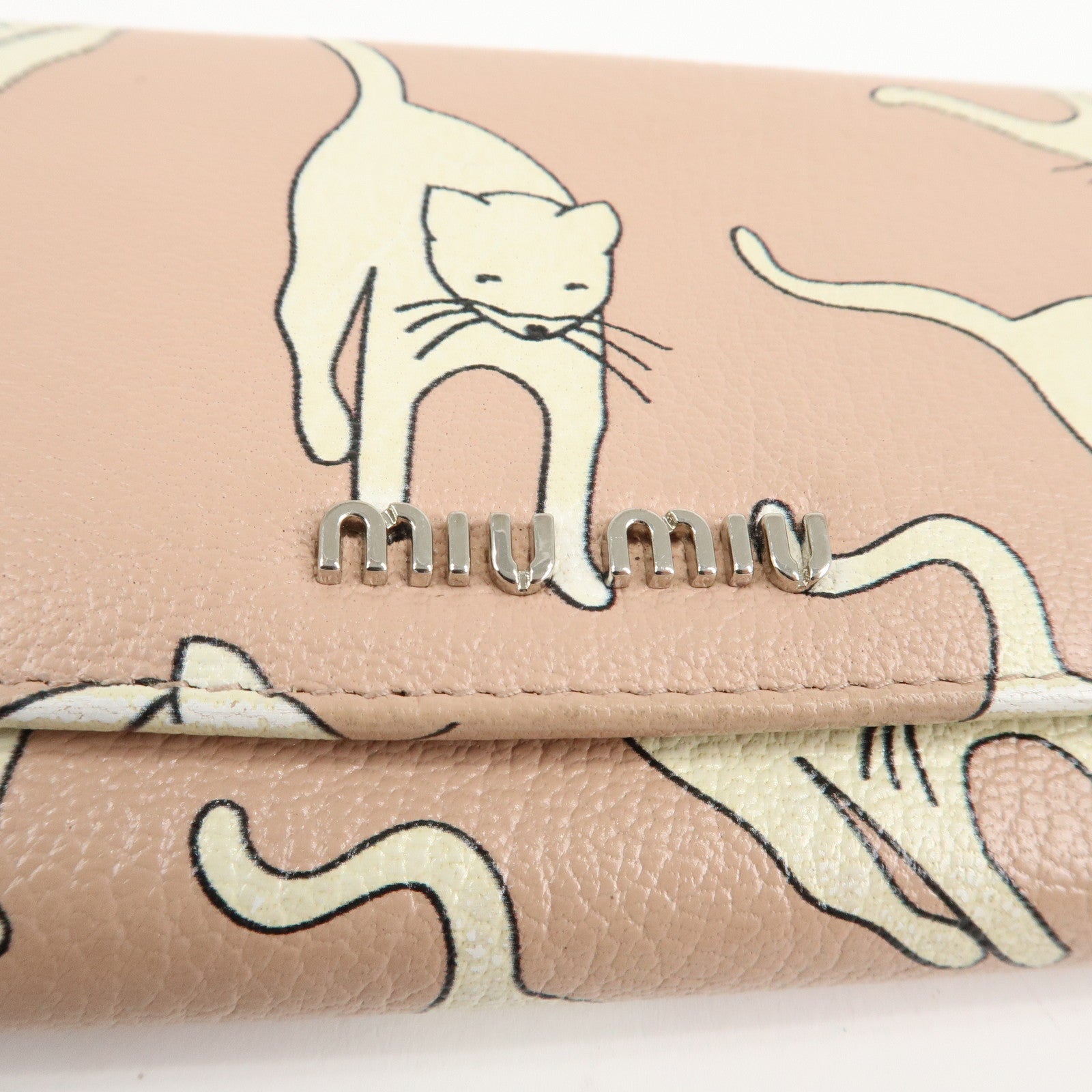 MIU MIU Leather Cat Motif Long Wallet Pink Beige 5MH109 Used