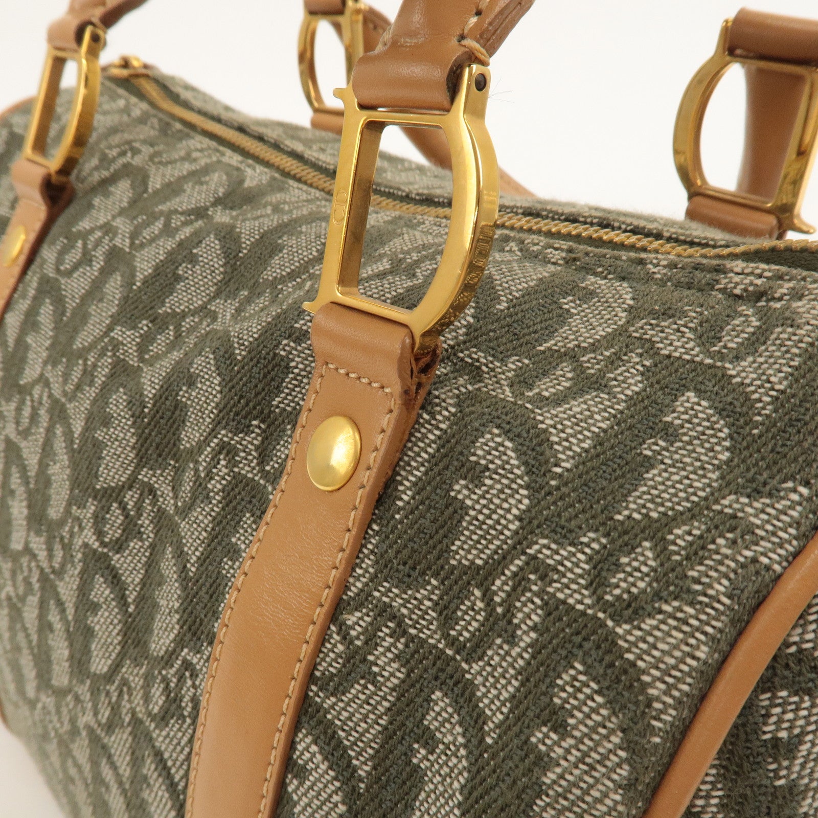 Christian Dior Trotter Canvas Leather Boston Bag Green Light Brown