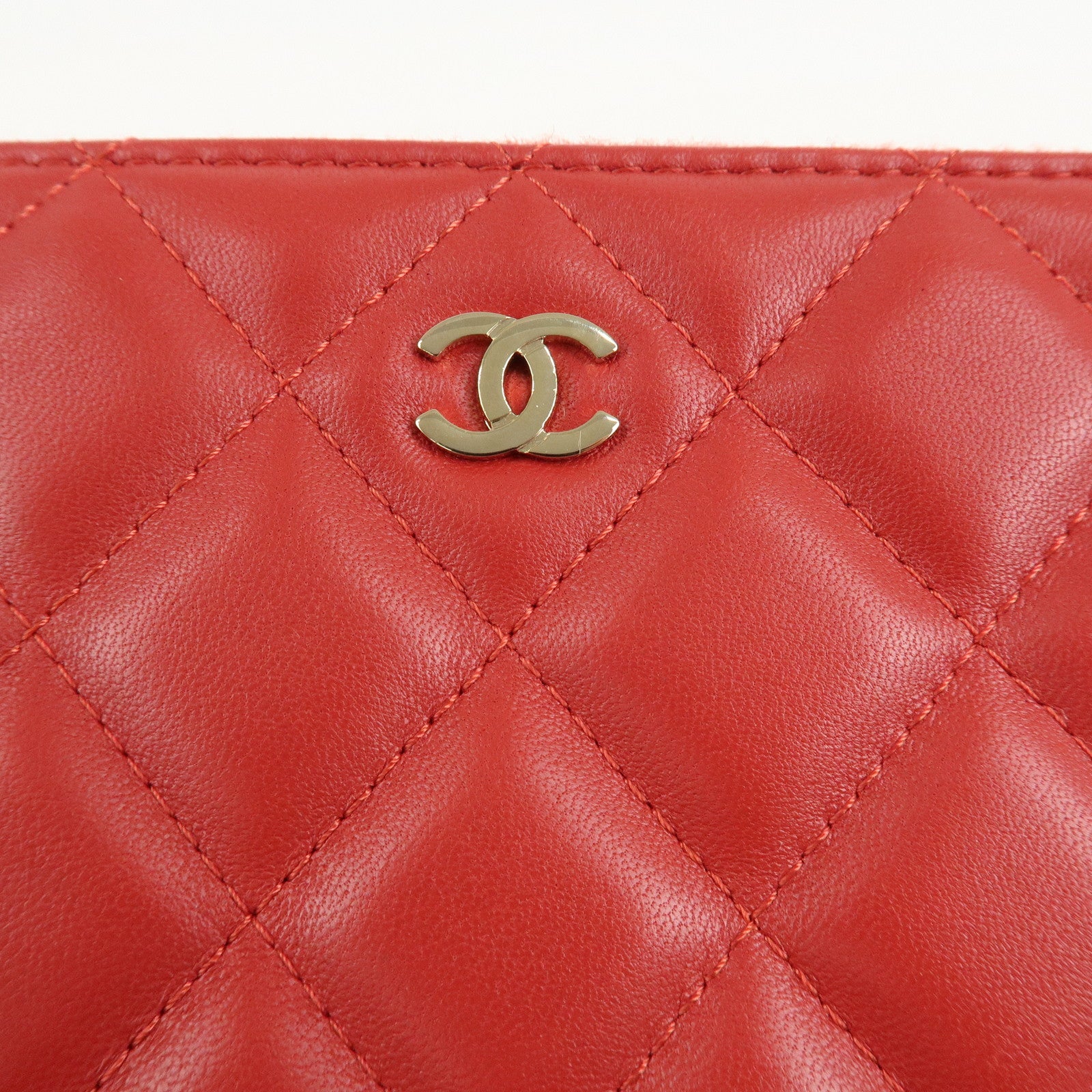 CHANEL Matelasse COCO Mark Lamb Skin Clutch Bag Red Used