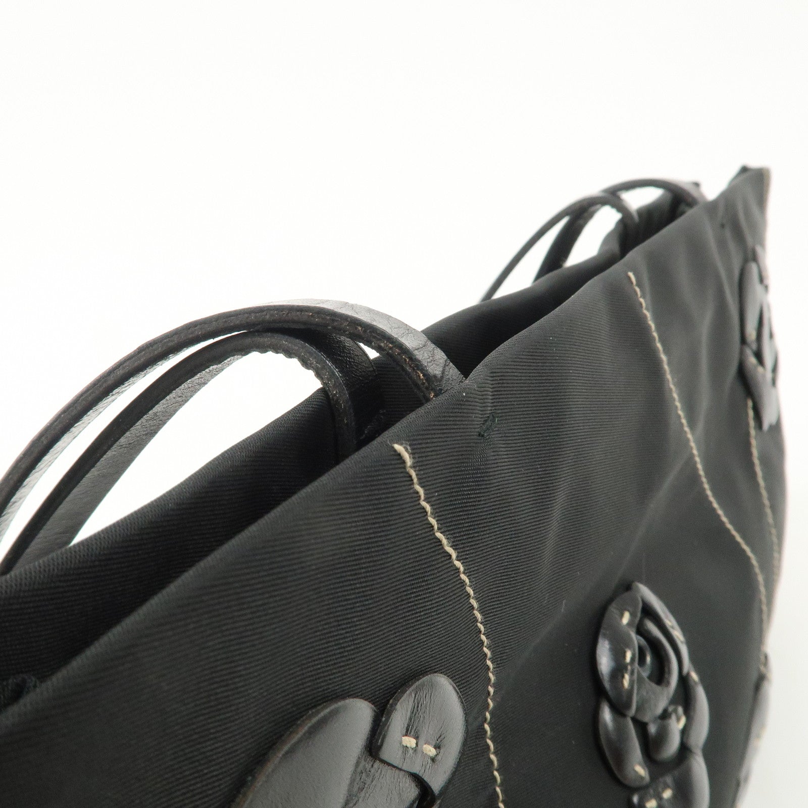 PRADA Traiangle Logo Nylon Leather Flower Tote Bag Black B11033 Used