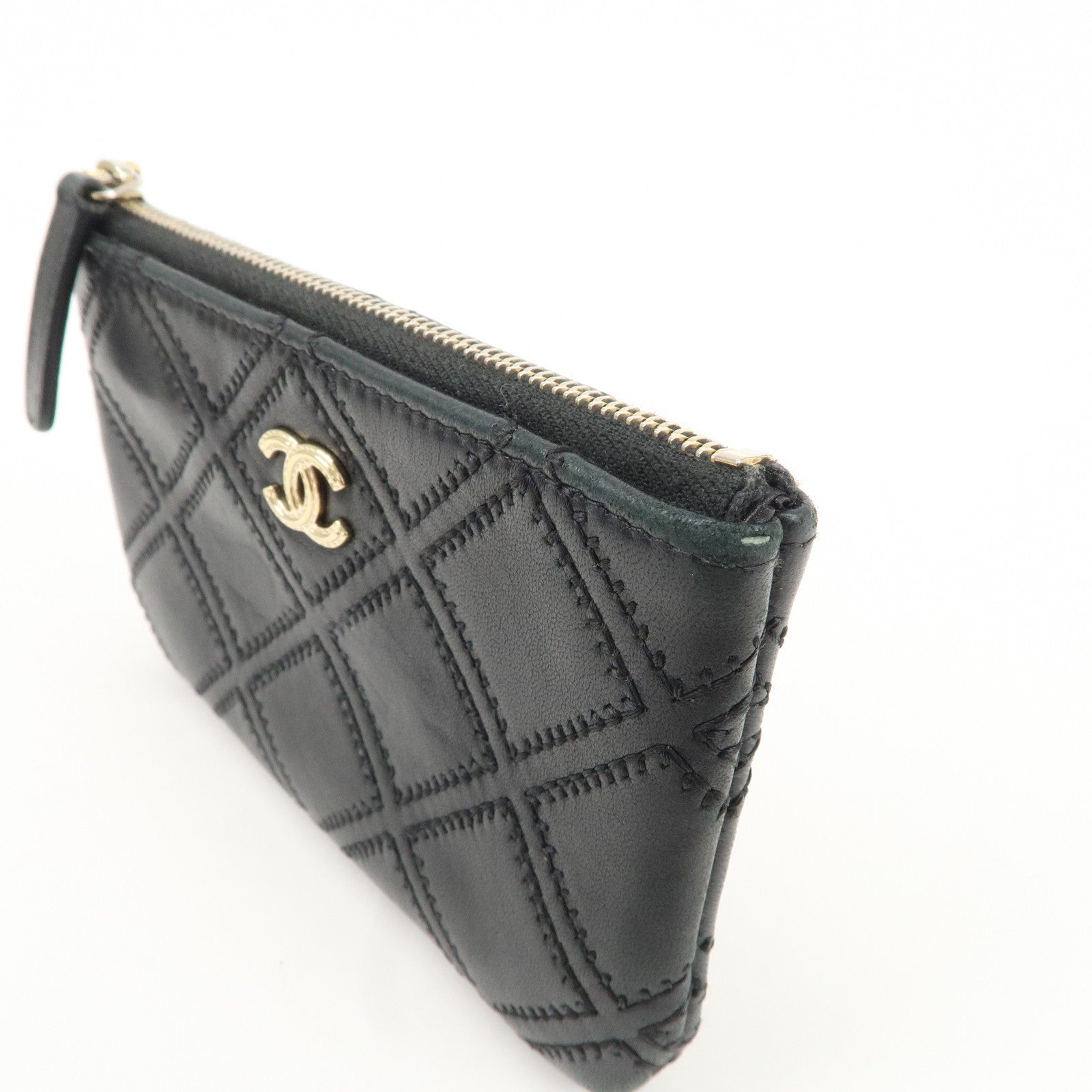 CHANEL Lamb Skin COCO Mark Double Stitch Pouch Black Used