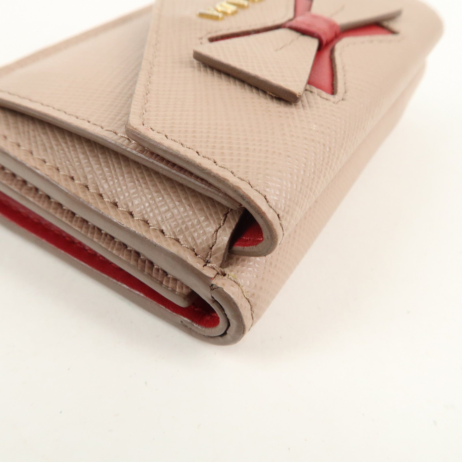 PRADA Saffiano Leather Trifold Wallet Pink Beige Red Ribbon 1MH021