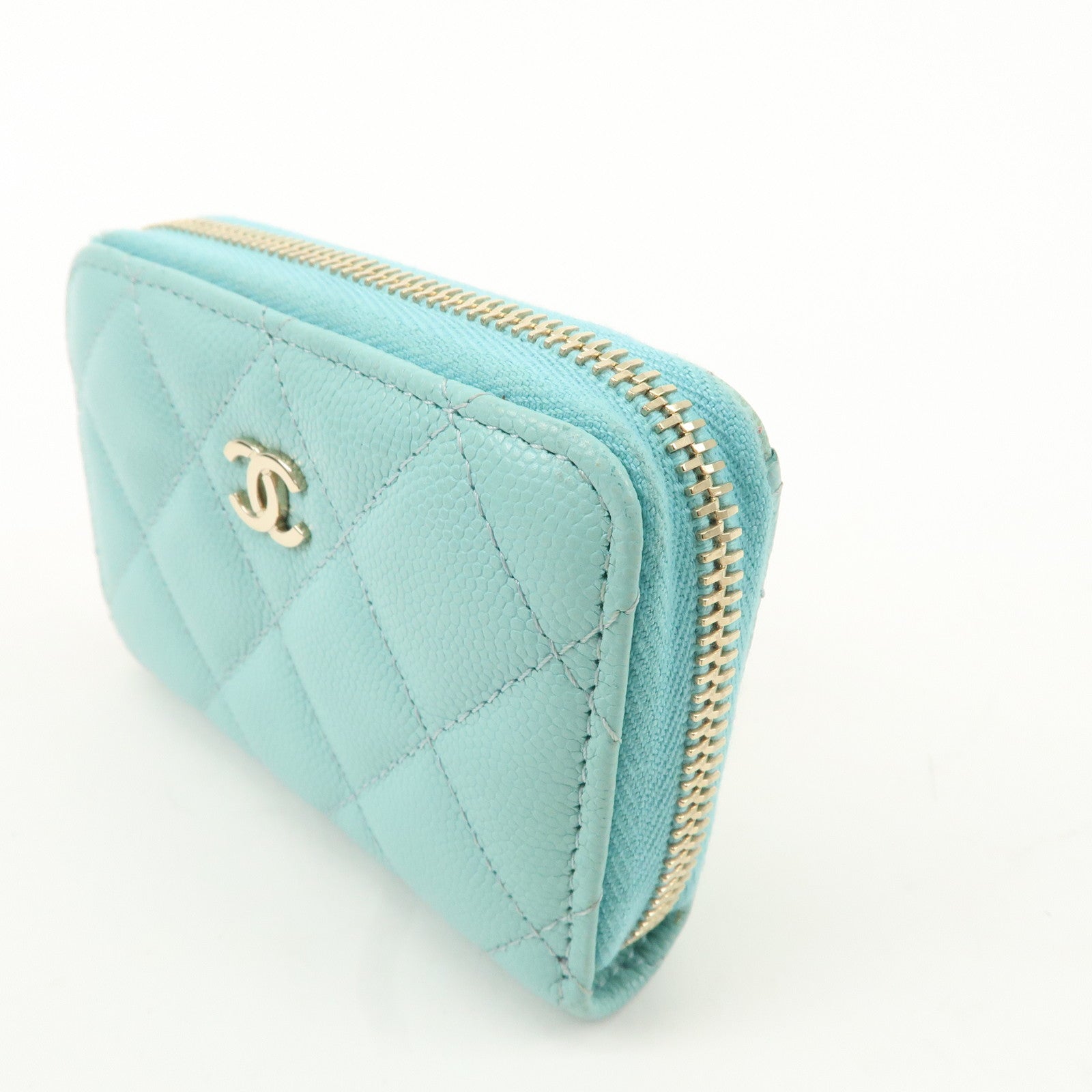 CHANEL Matelasse Caviar Skin Round Zipper Card Case Blue Used