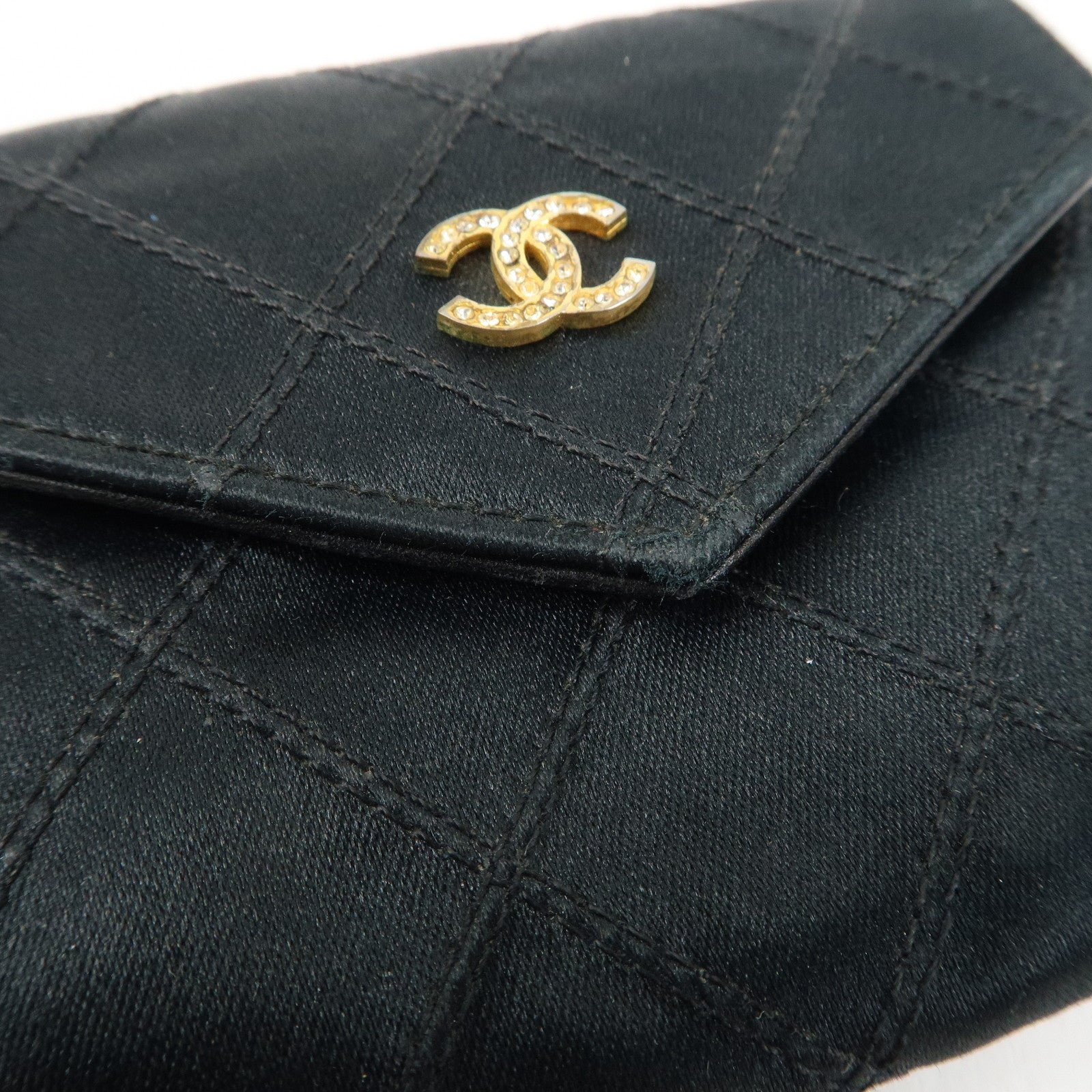 CHANEL Bicolore Satin Coin Case Coin Purse Black