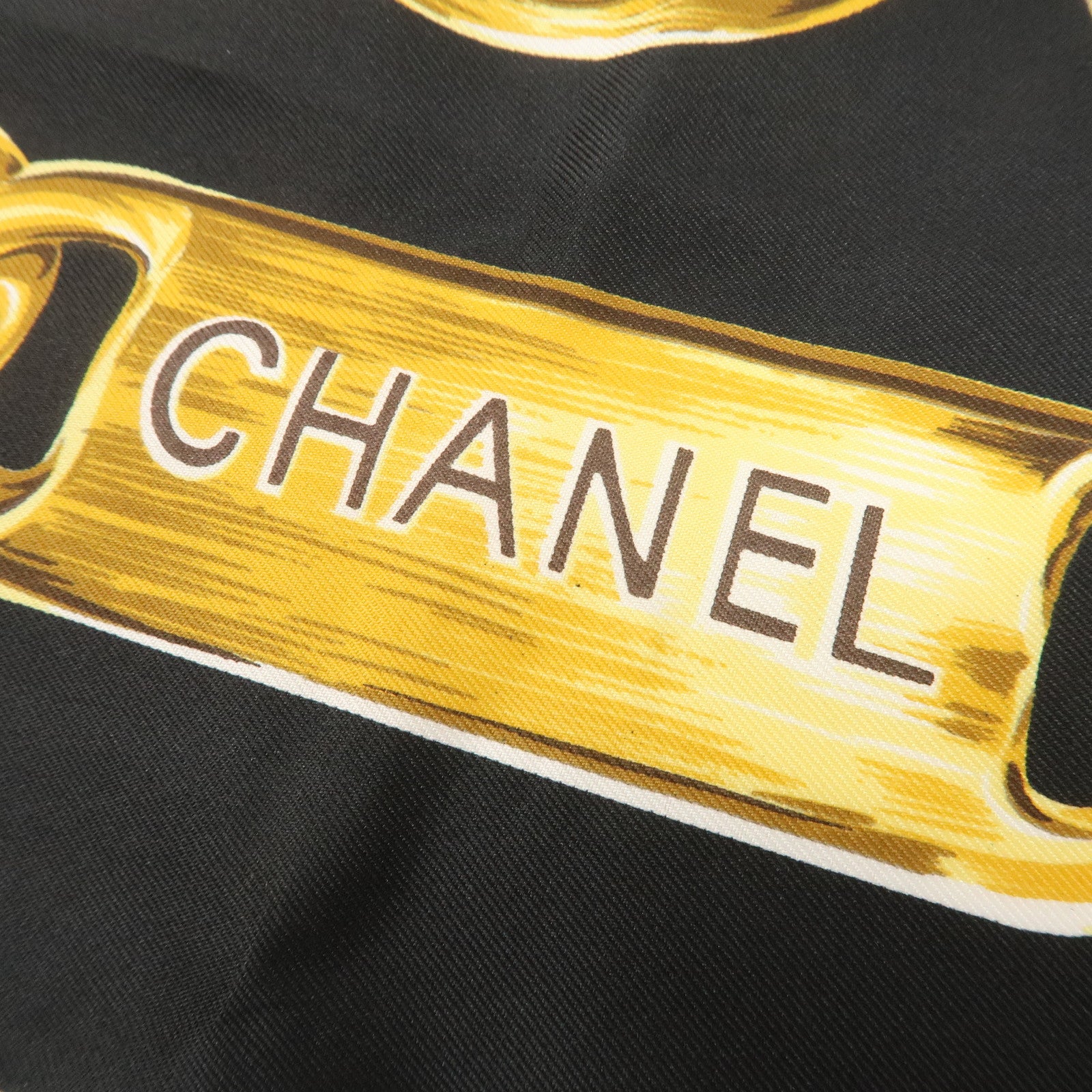 CHANEL Silk 100 % Scarf Coco Mark Chain Black Gold Used