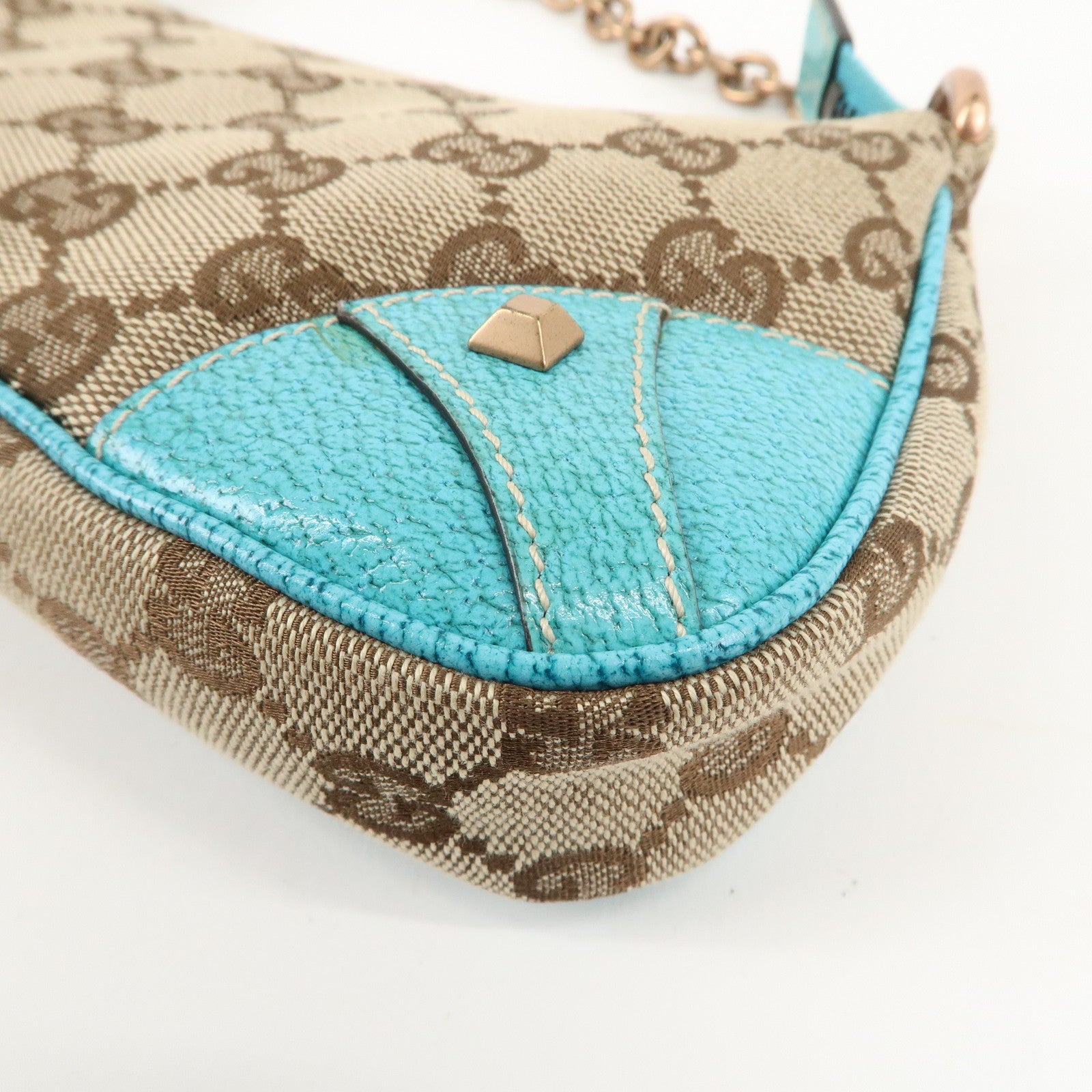 GUCCI GG Canvas Leather Chain Hand Bag Pouch Beige Blue 120940