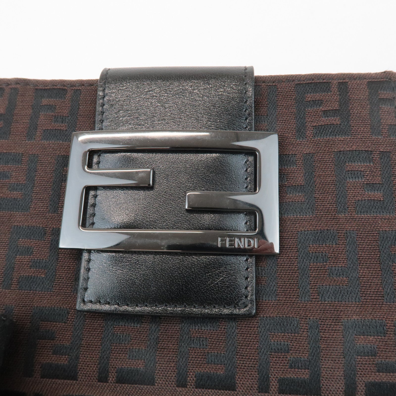 FENDI Zucca Canvas Leather Double Hook Wallet Brown Black 8M0035