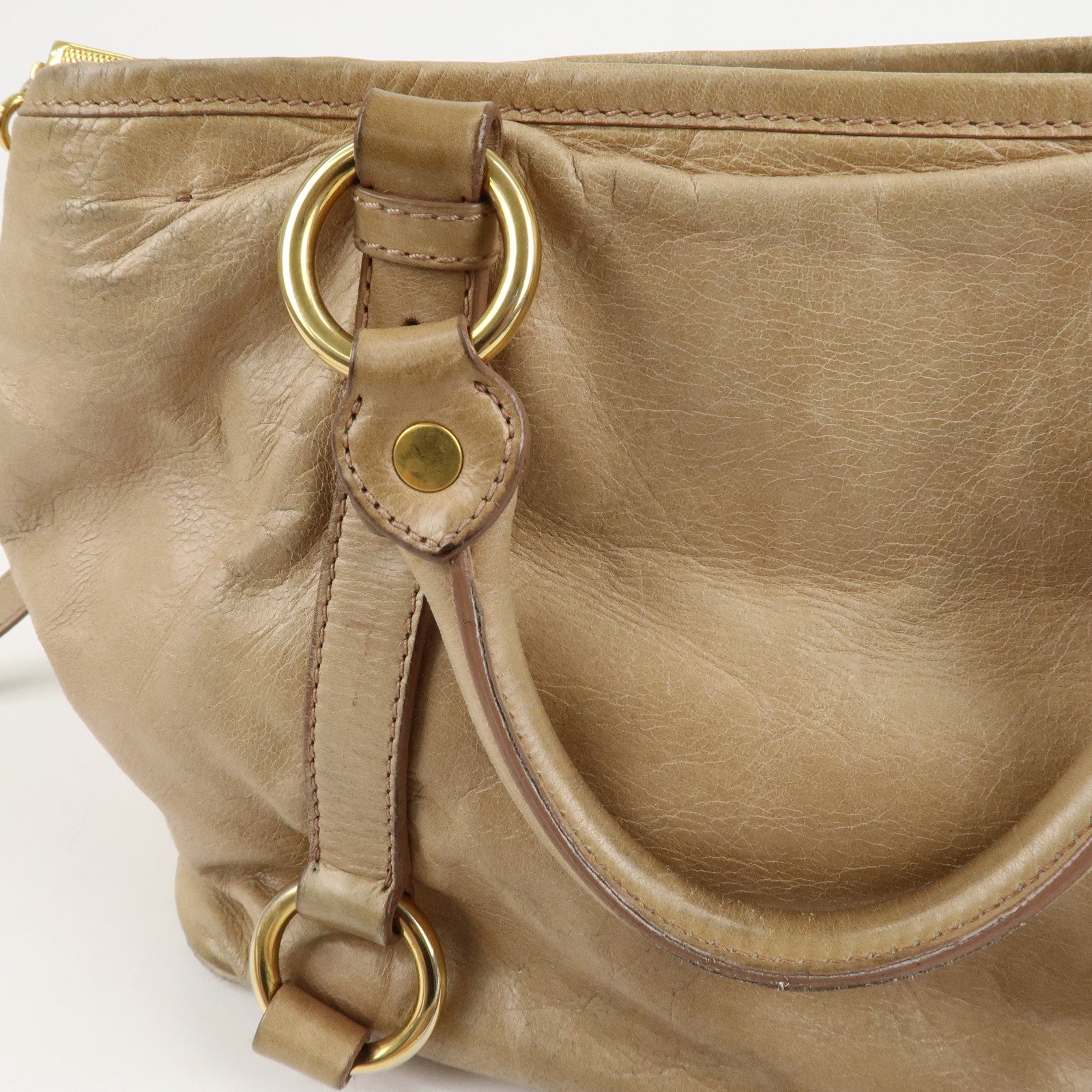 MIU MIU Logo Leather 2WAY Bag Shoulder Bag Hand Bag Beige Used