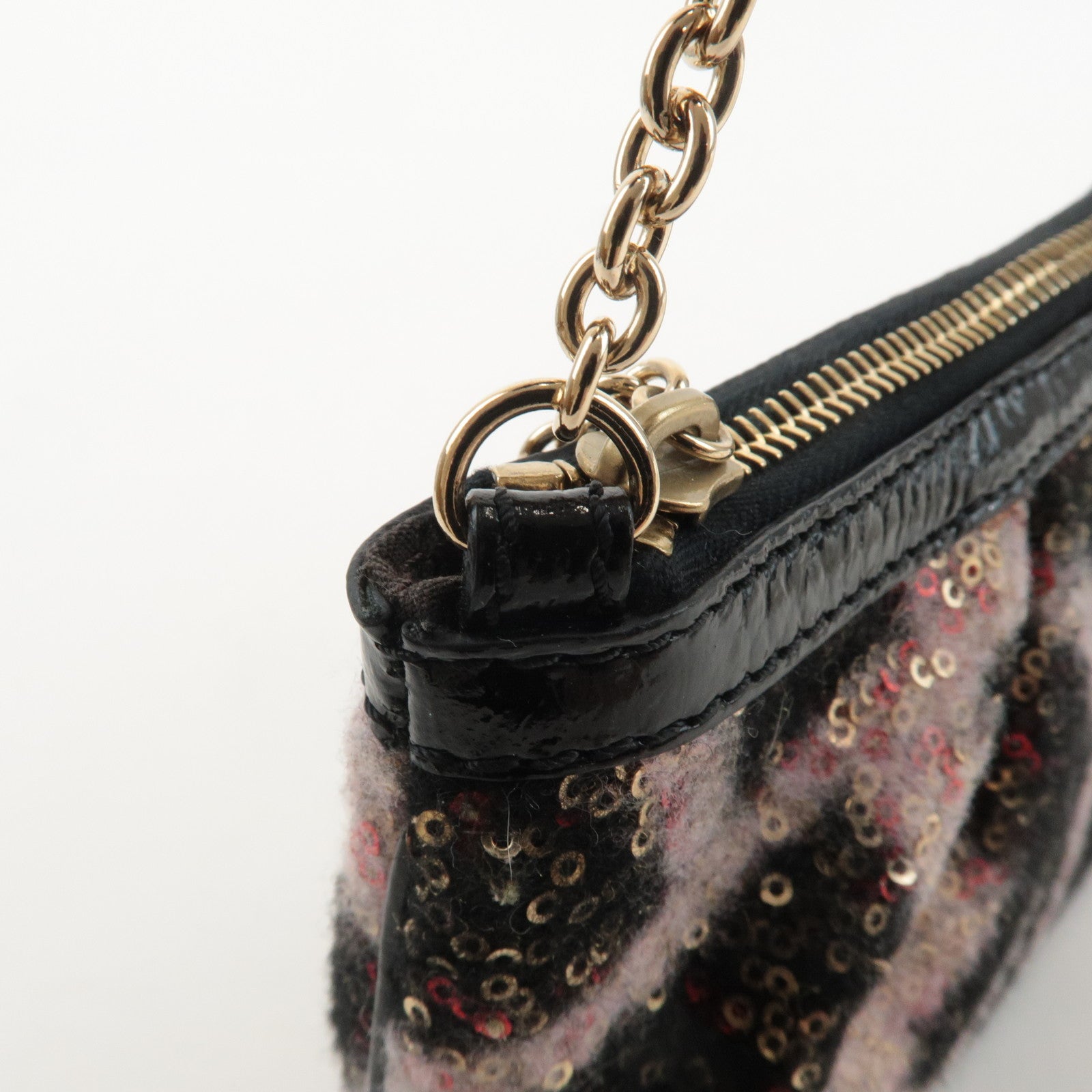 FENDI Zucca Sequins Chain Accessory Pouch Black Pink 8BR594