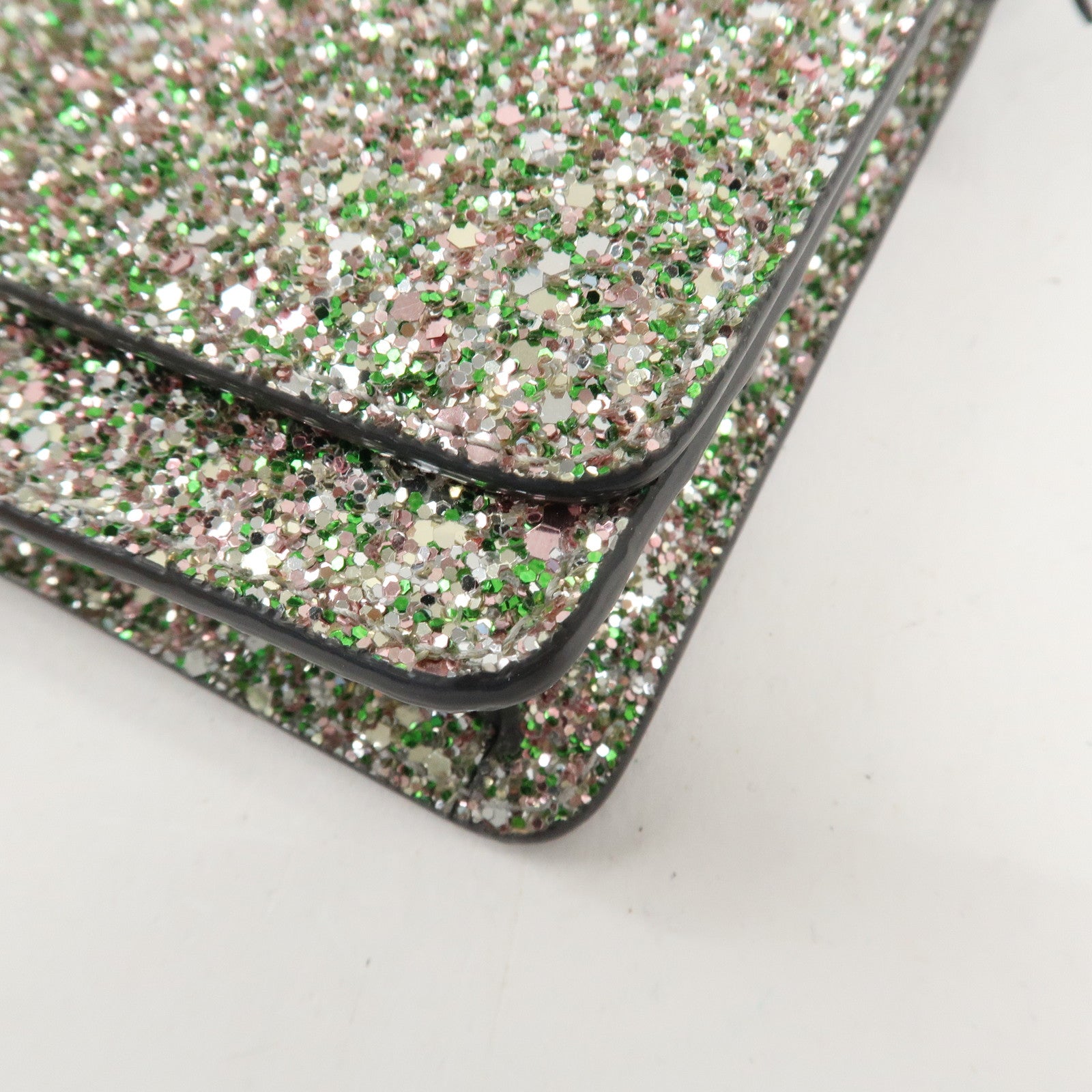 JIMMY CHOO Glitter Leather Shoulder Wallet Bag Green Silver