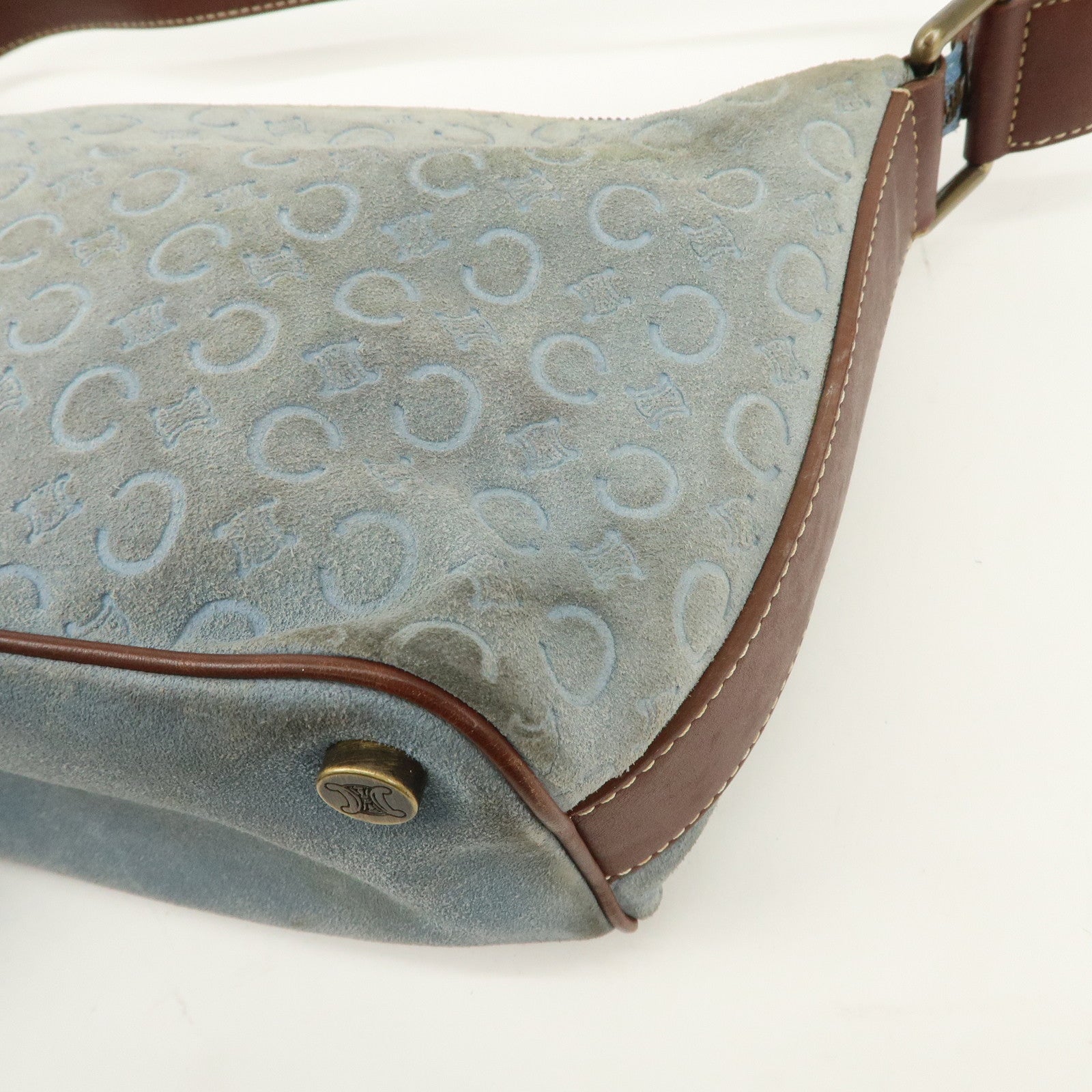 CELINE C Macadam Suede Leather Shoulder Bag Light Blue Brown Used