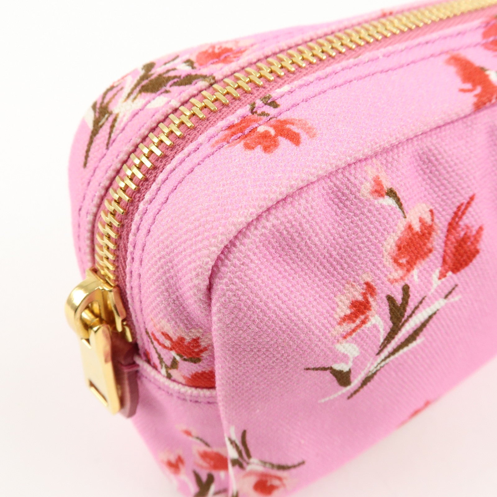 PRADA Canapa Canvas Leather Cosmetic Pouch Flower 1NA021 Pink Used